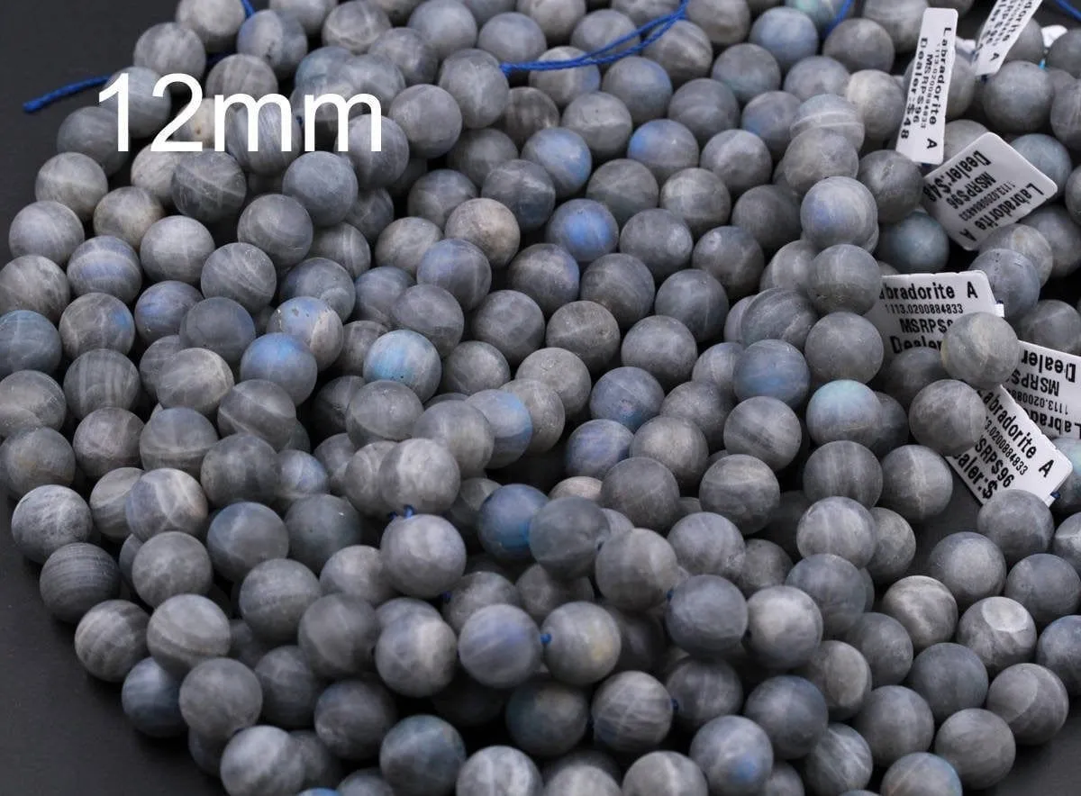 A Grade Matte Natural Labradorite 4mm 6mm 8mm 10mm 12mm Matte Round Beads Blue Flashes 16" Strand