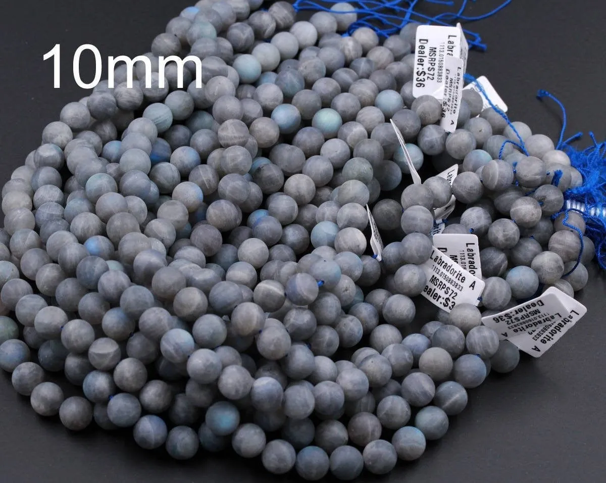 A Grade Matte Natural Labradorite 4mm 6mm 8mm 10mm 12mm Matte Round Beads Blue Flashes 16" Strand