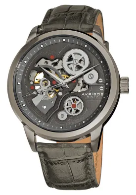 Akribos XxivManual Wind Skeleton Dial Grey Leather Men's Watch AK538GY