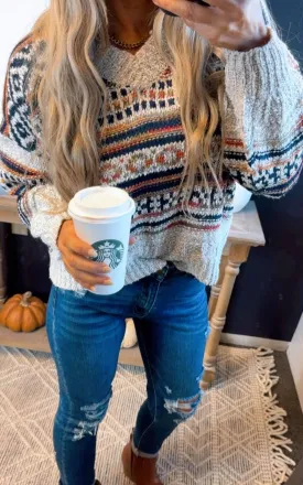 Beige V-Neck Tribal Print Sweater