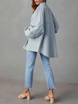 BerryBetty - Button Down Raw Hem Denim Long Sleeve Top Jacket