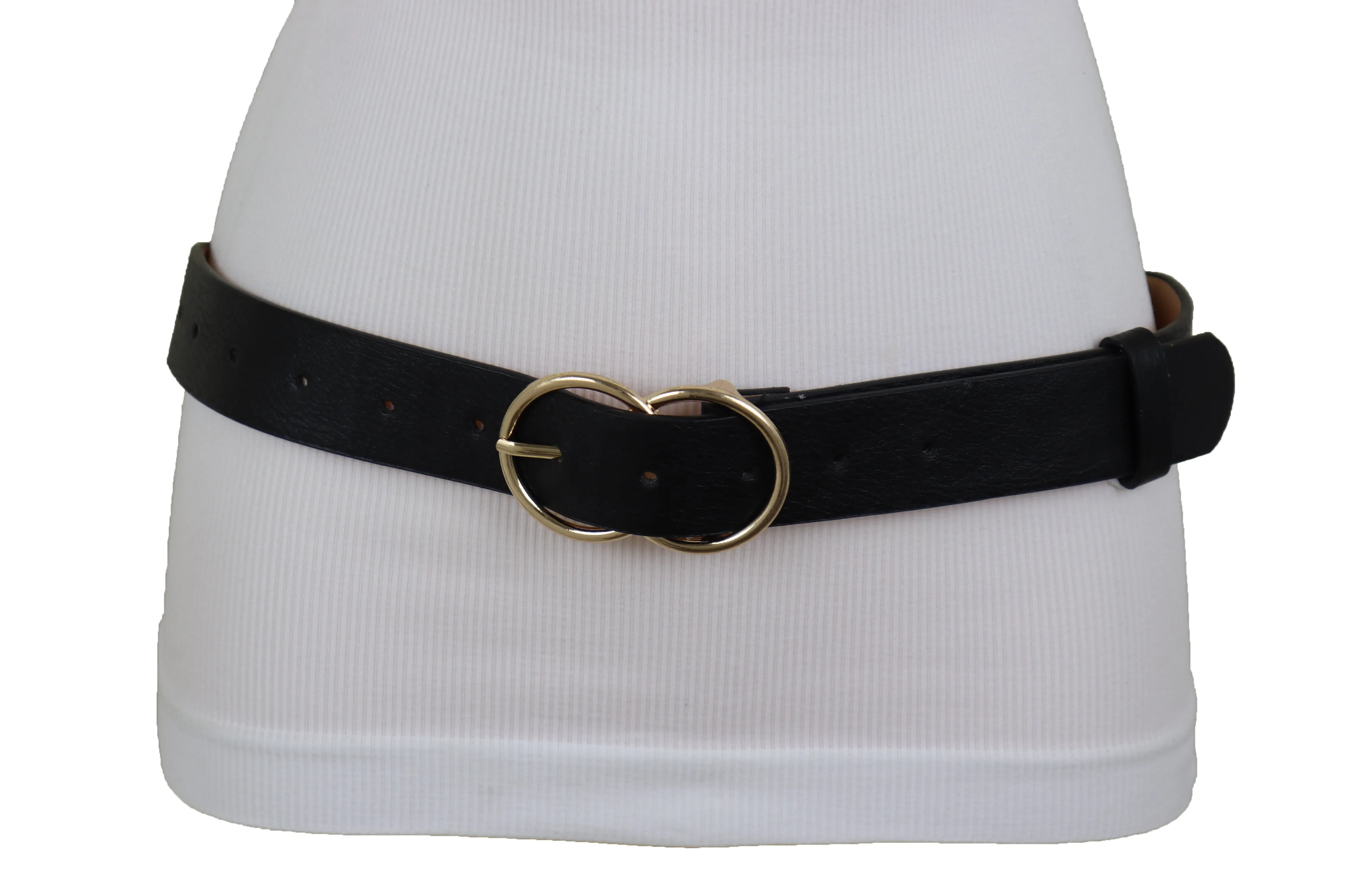 Black Color Faux Leather Classic Belt Hip High Waist Gold Buckle Size S M