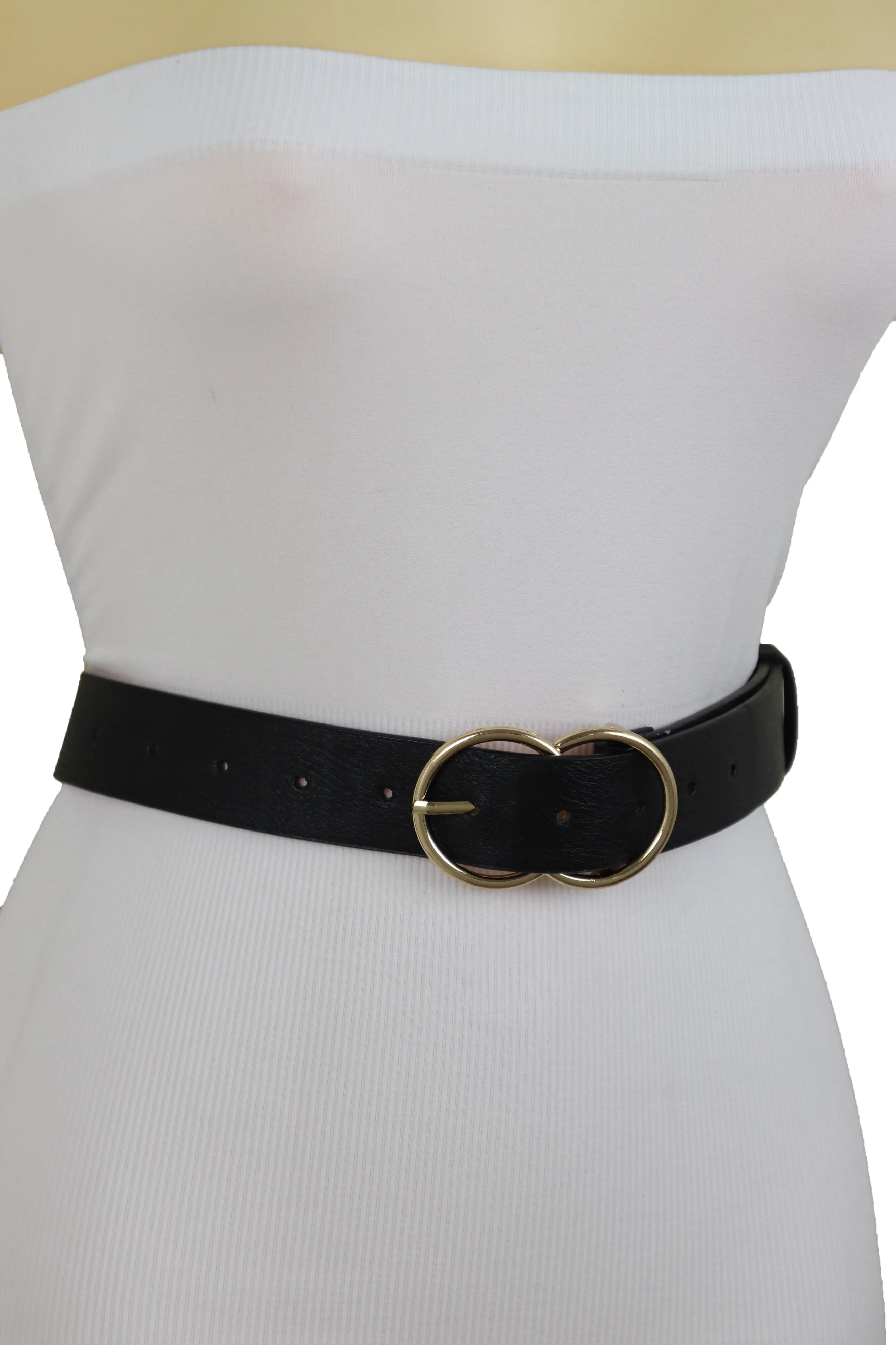 Black Color Faux Leather Classic Belt Hip High Waist Gold Buckle Size S M