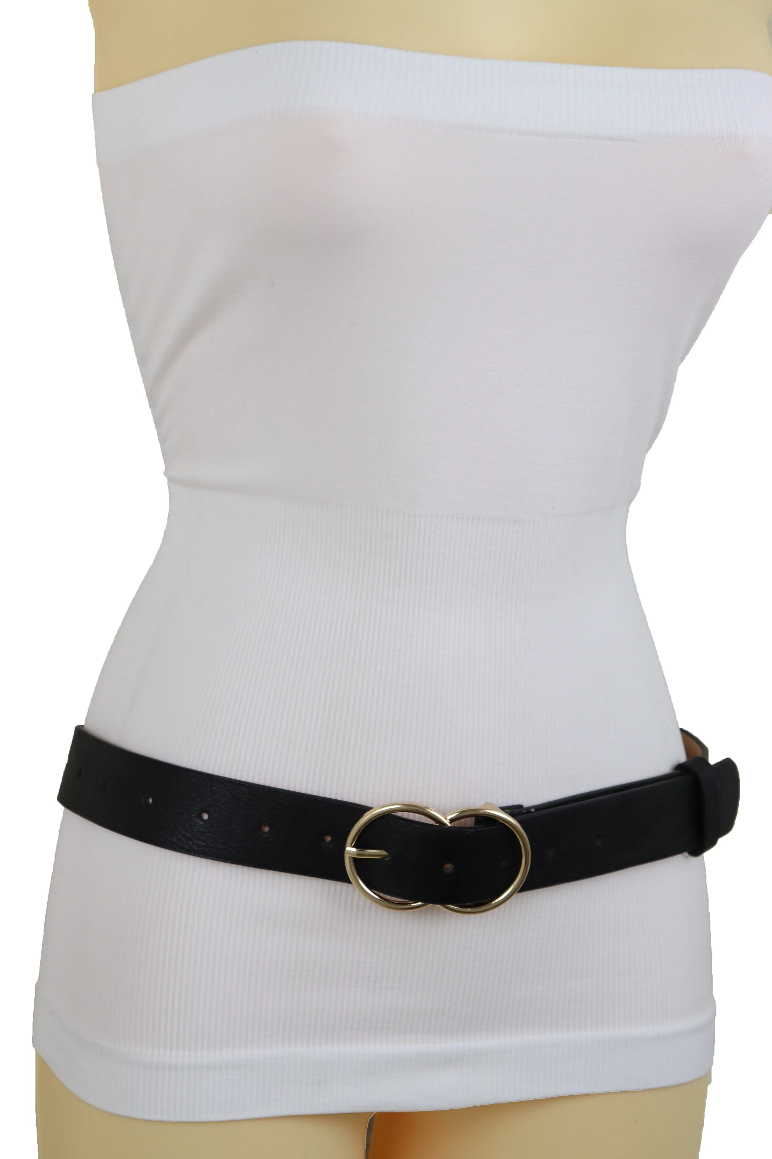 Black Color Faux Leather Classic Belt Hip High Waist Gold Buckle Size S M