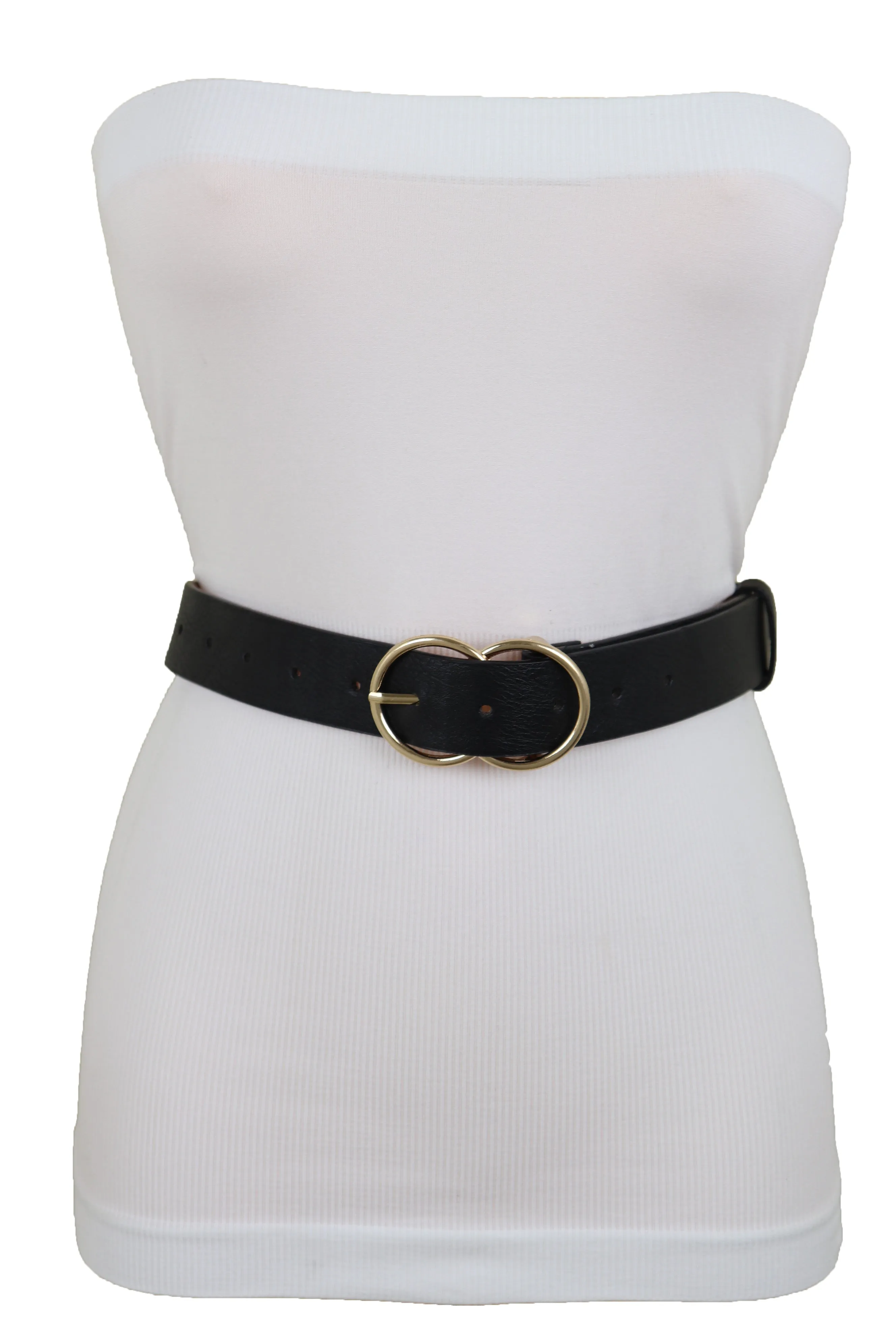 Black Color Faux Leather Classic Belt Hip High Waist Gold Buckle Size S M