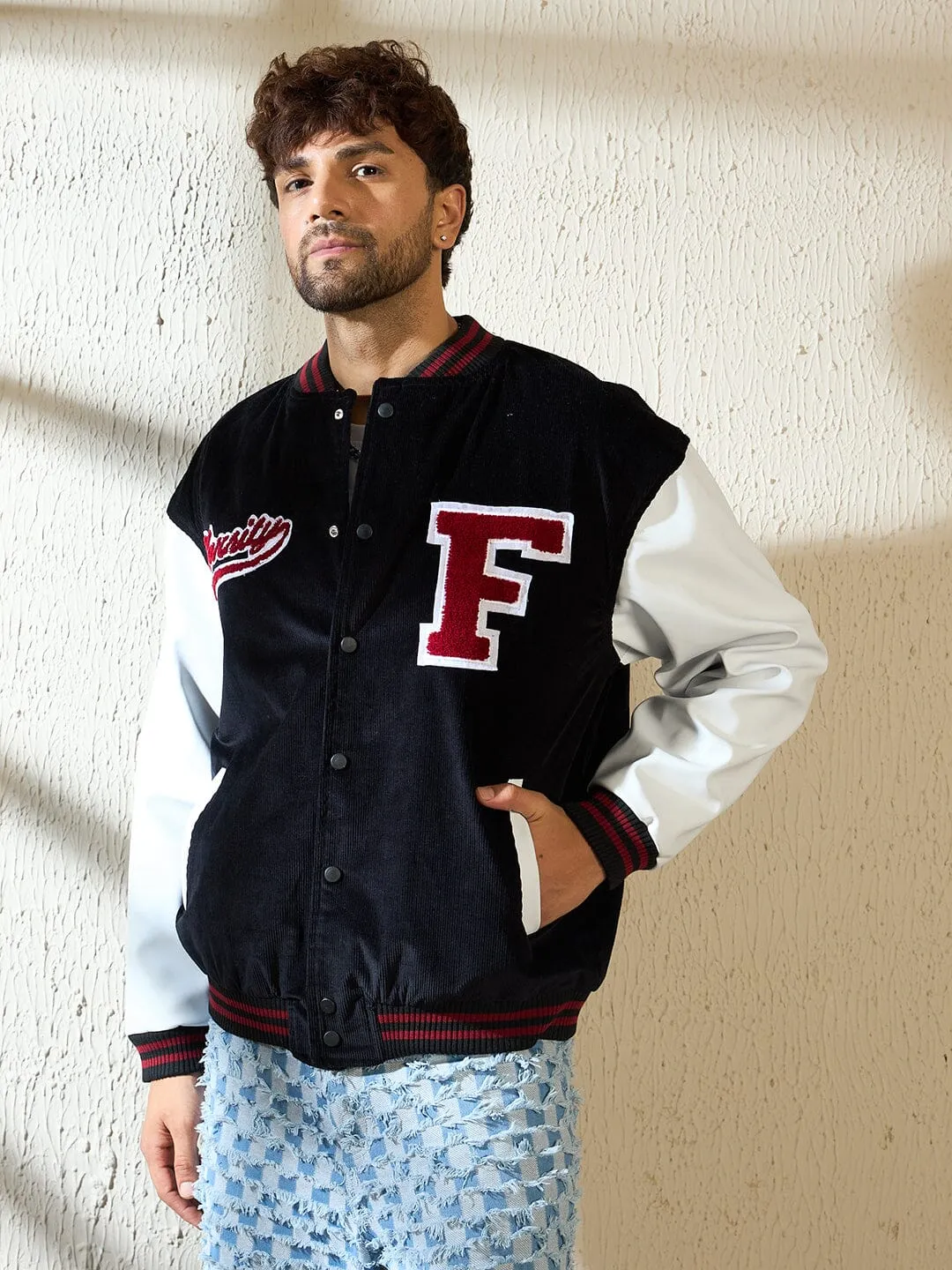 Black Corduroy Varsity Jacket