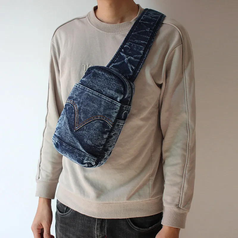 Black Denim Mens Cool Sling Bag Chest Bag Vintage Denim Sling Bag For Men