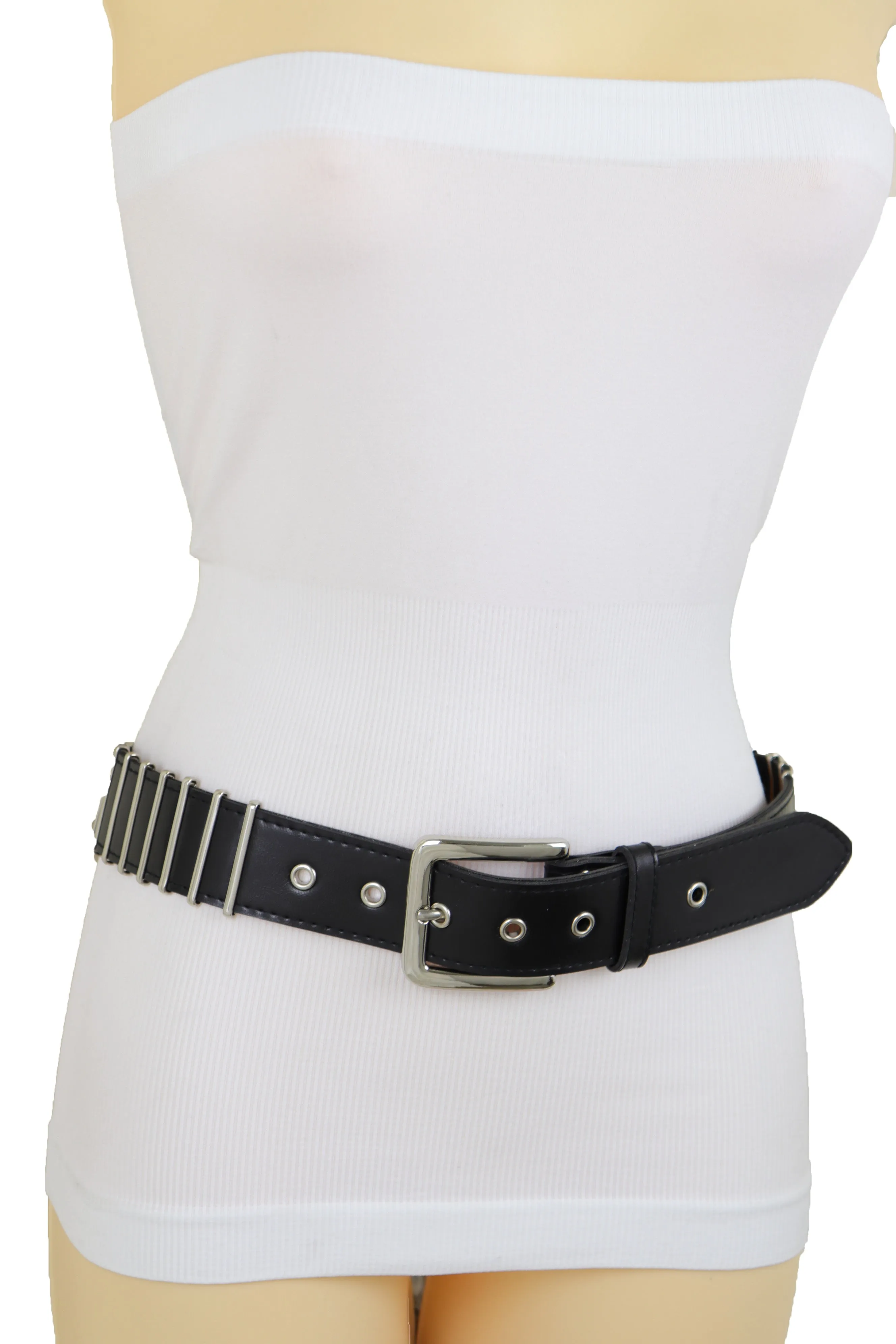 Black Faux Leather Biker Rocker Fashion Hip Belt Silver Metal Stripe Fit Size M