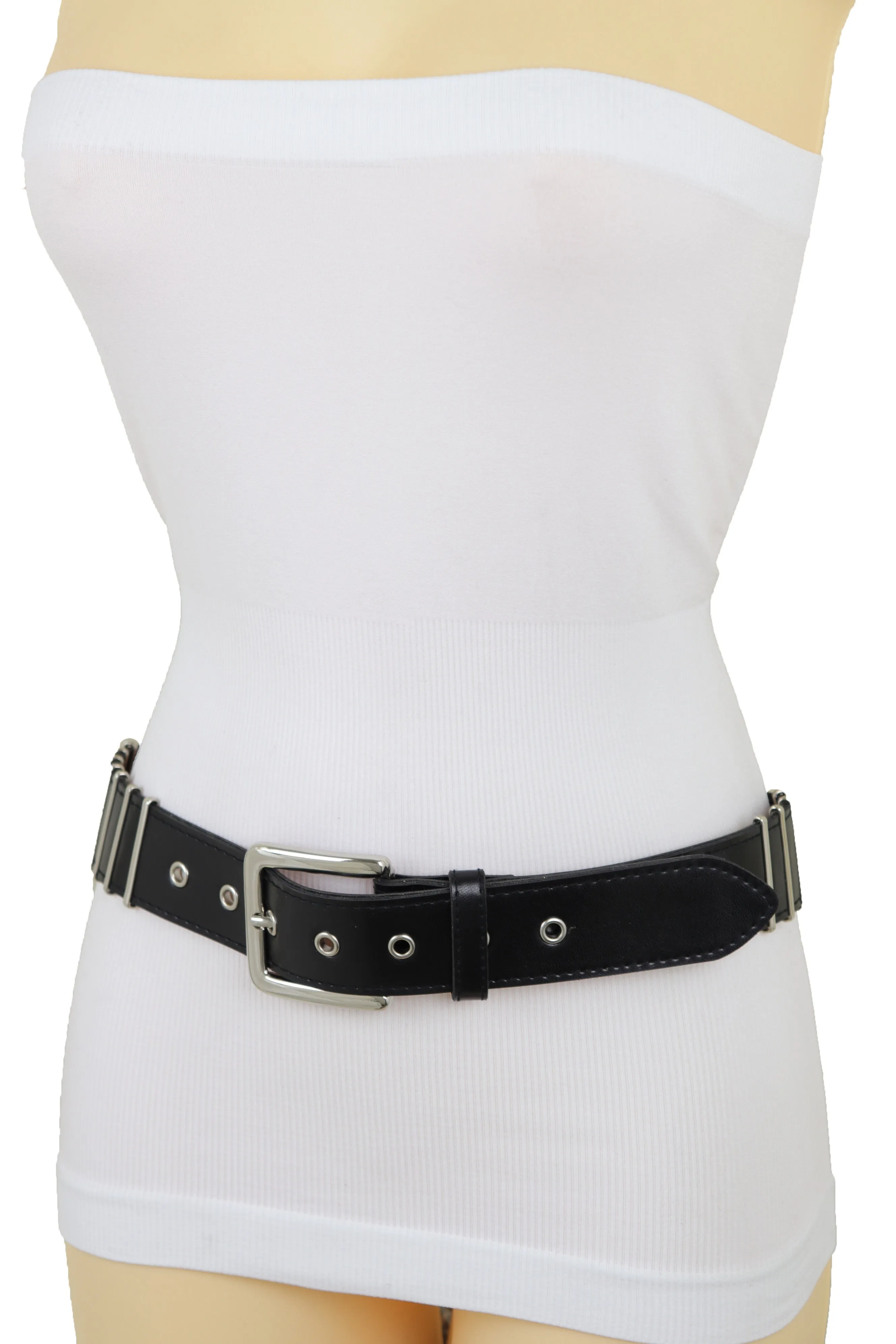 Black Faux Leather Biker Rocker Fashion Hip Belt Silver Metal Stripe Fit Size M