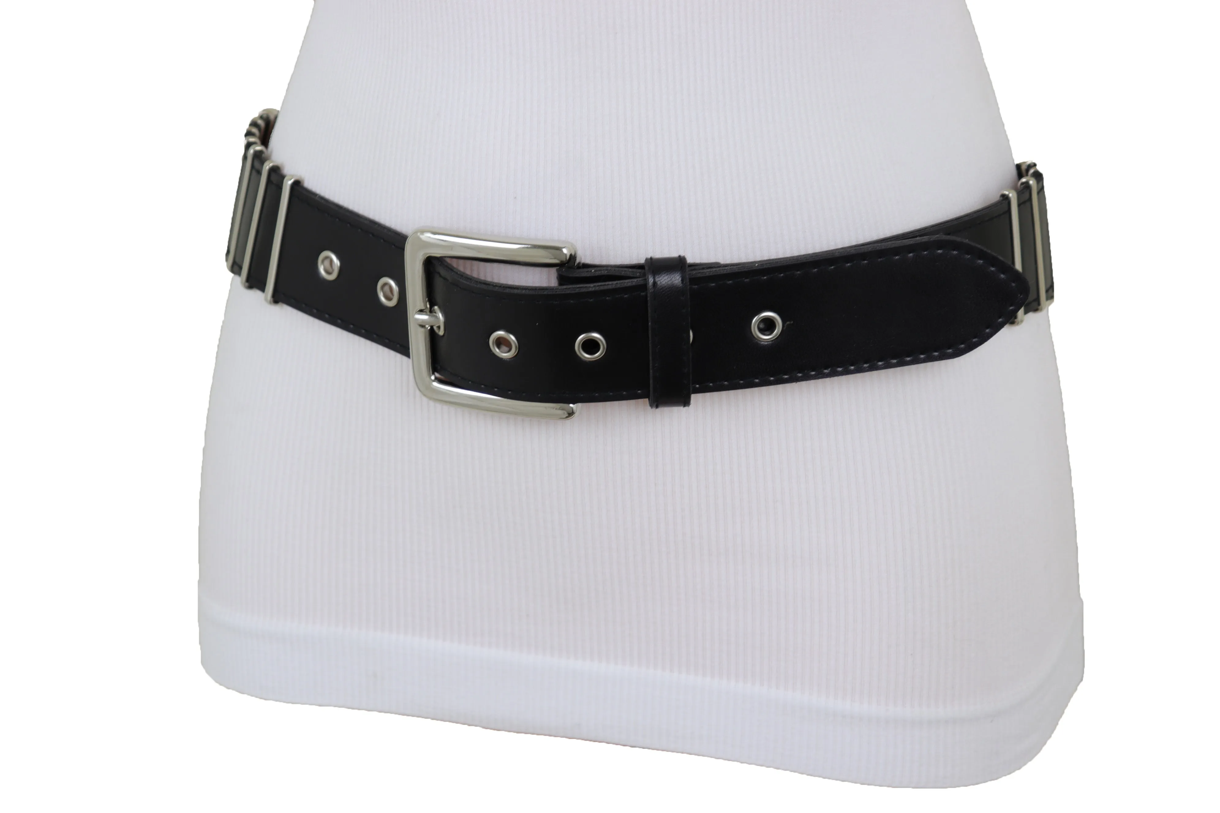 Black Faux Leather Biker Rocker Fashion Hip Belt Silver Metal Stripe Fit Size M