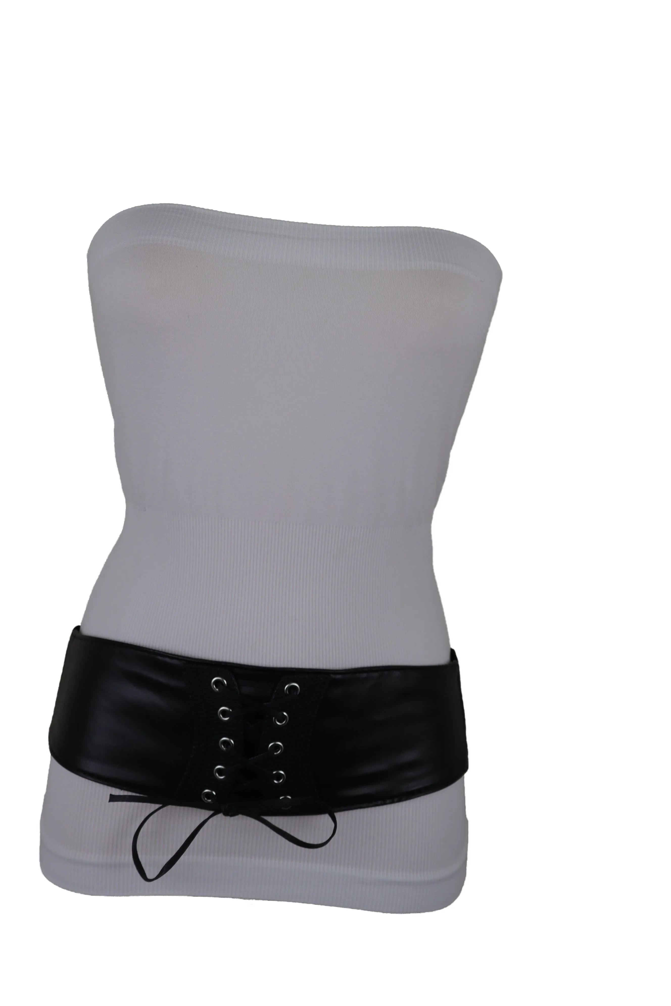 Black Faux Leather Elastic Corset Fashion Tie Belt Hip High Waist Size S M