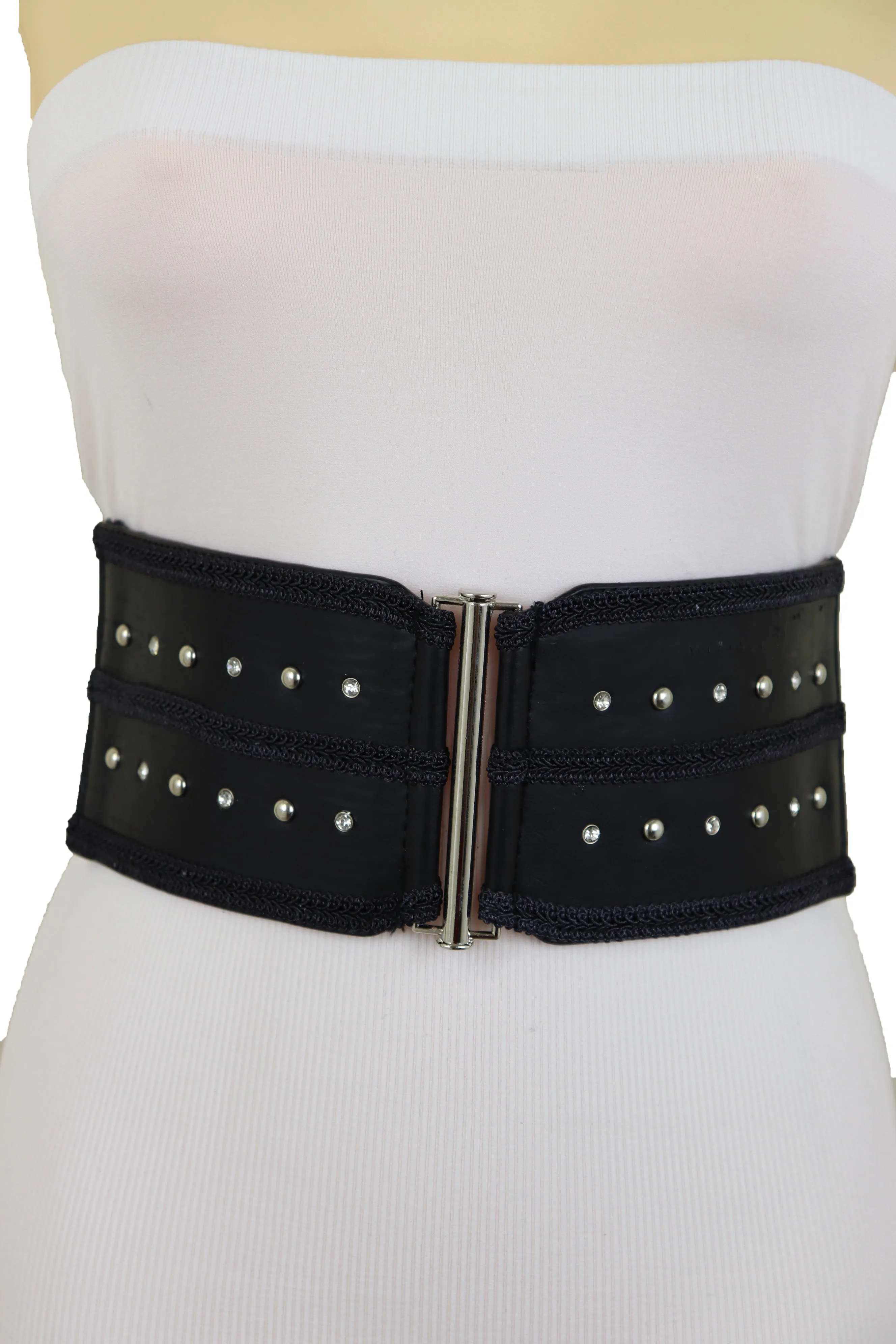 Black Faux Leather Wide Elastic Waistband Belt Bling Detail Silver Studs Buckle Fit S M