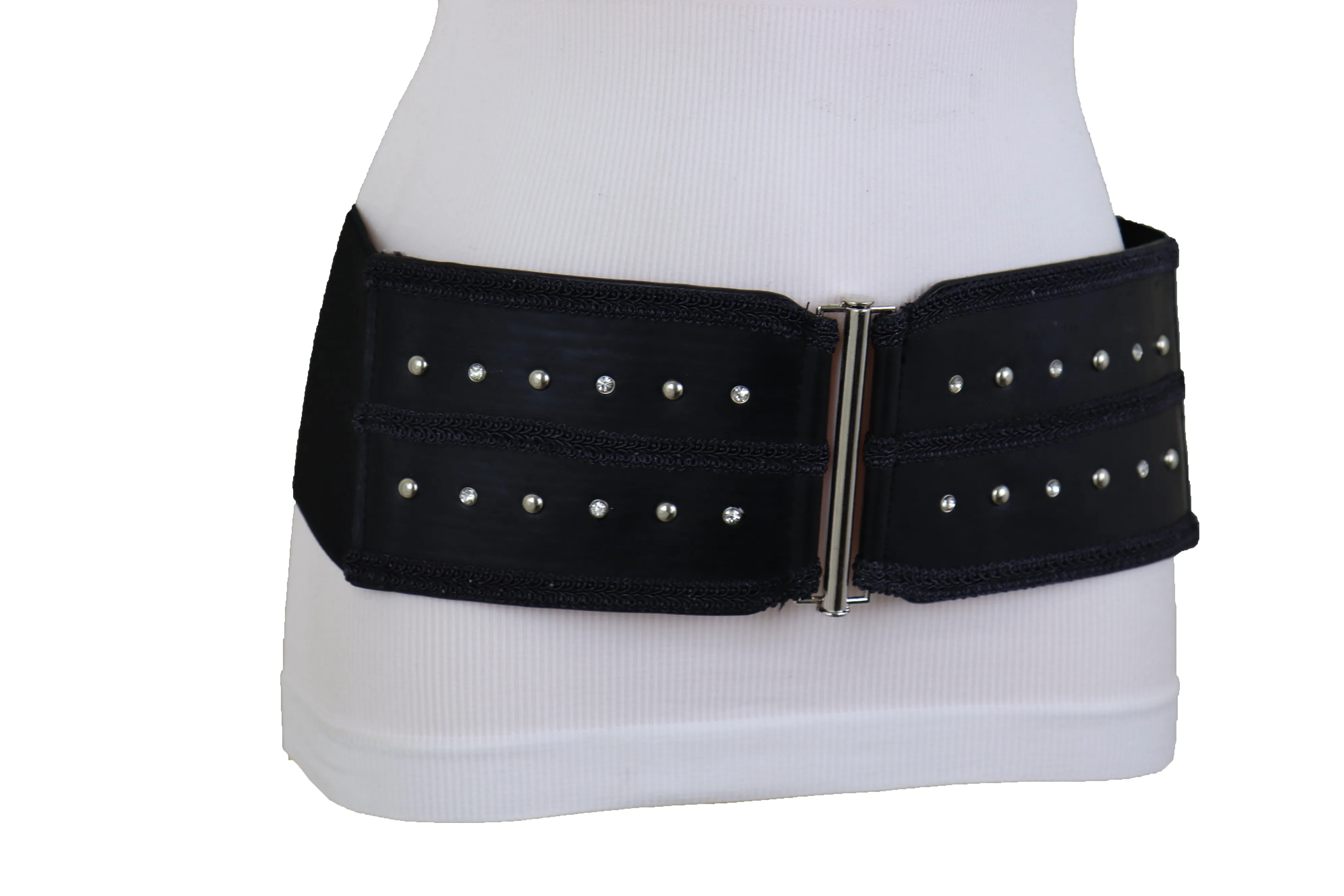 Black Faux Leather Wide Elastic Waistband Belt Bling Detail Silver Studs Buckle Fit S M