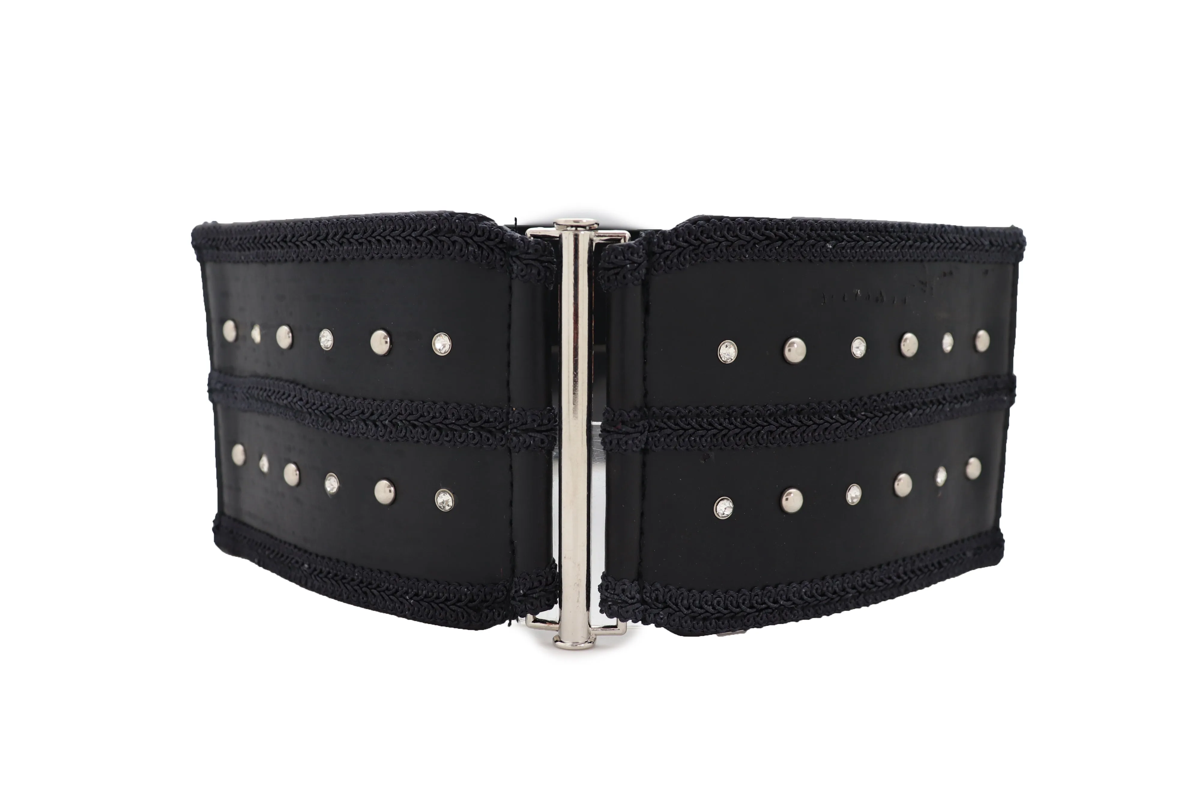 Black Faux Leather Wide Elastic Waistband Belt Bling Detail Silver Studs Buckle Fit S M