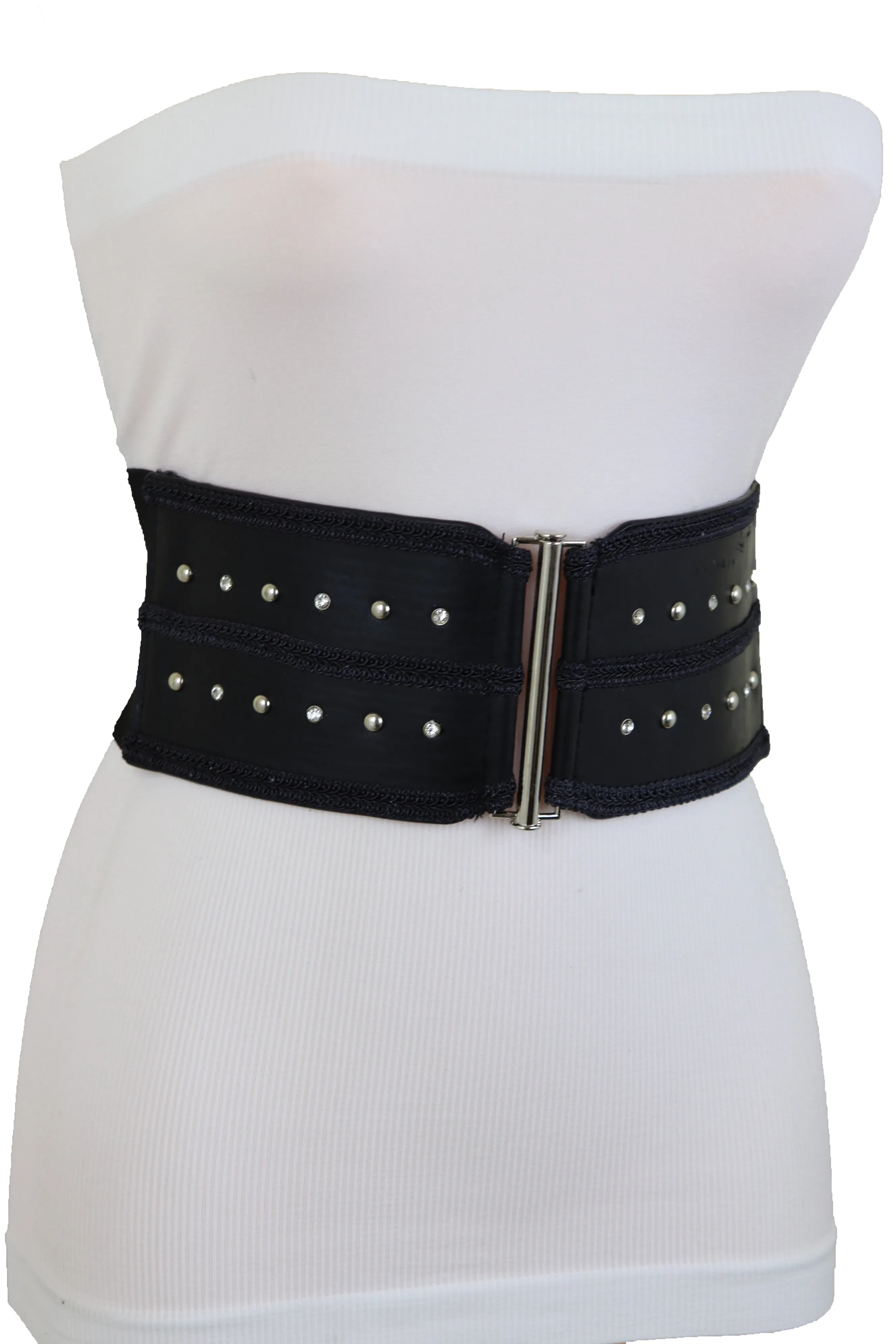 Black Faux Leather Wide Elastic Waistband Belt Bling Detail Silver Studs Buckle Fit S M