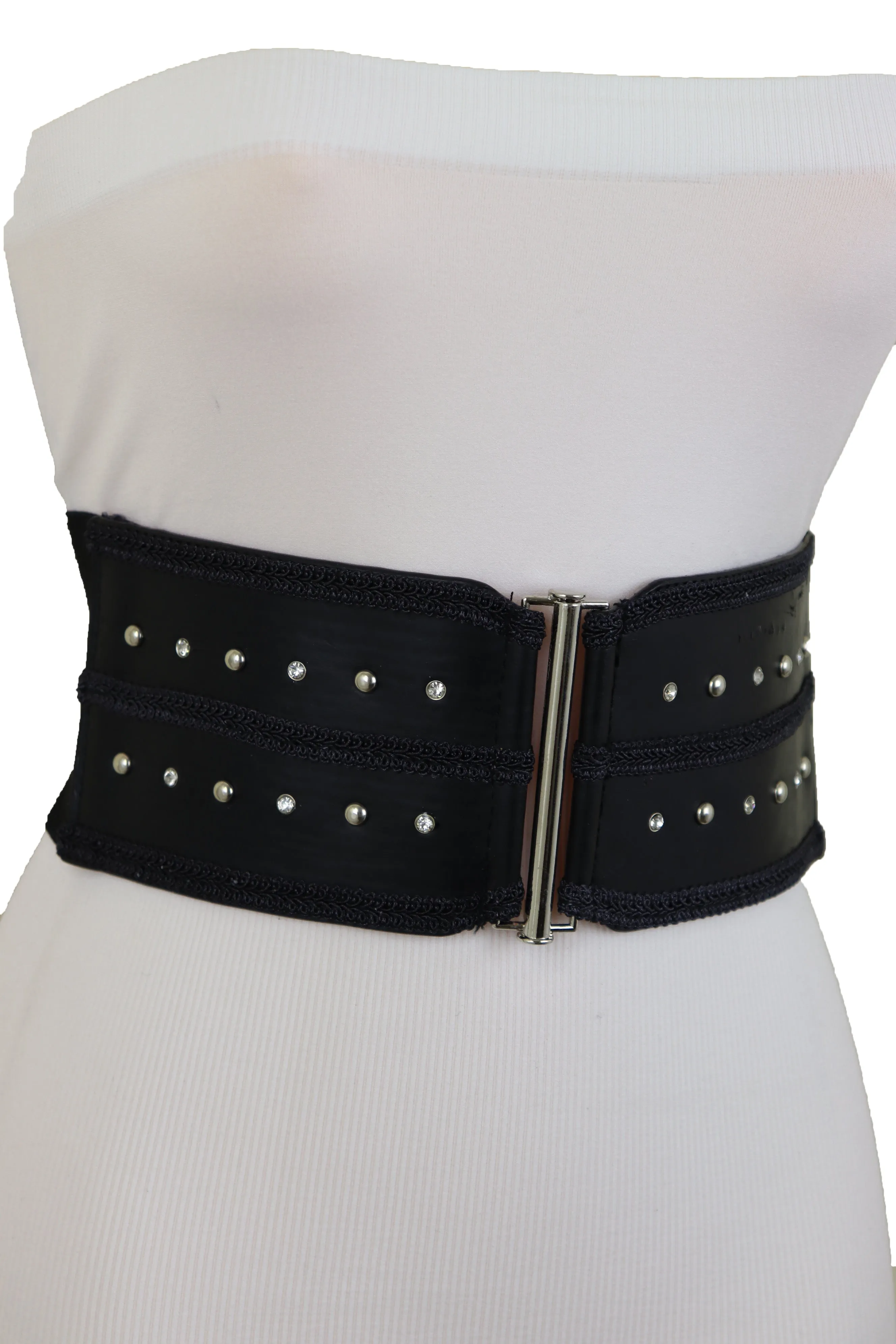 Black Faux Leather Wide Elastic Waistband Belt Bling Detail Silver Studs Buckle Fit S M