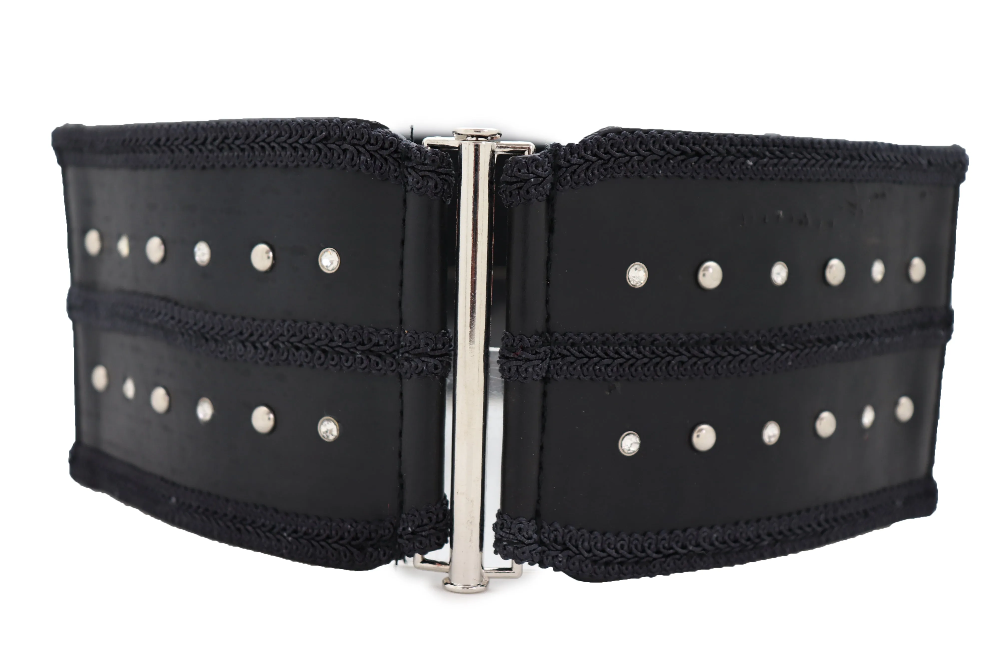 Black Faux Leather Wide Elastic Waistband Belt Bling Detail Silver Studs Buckle Fit S M