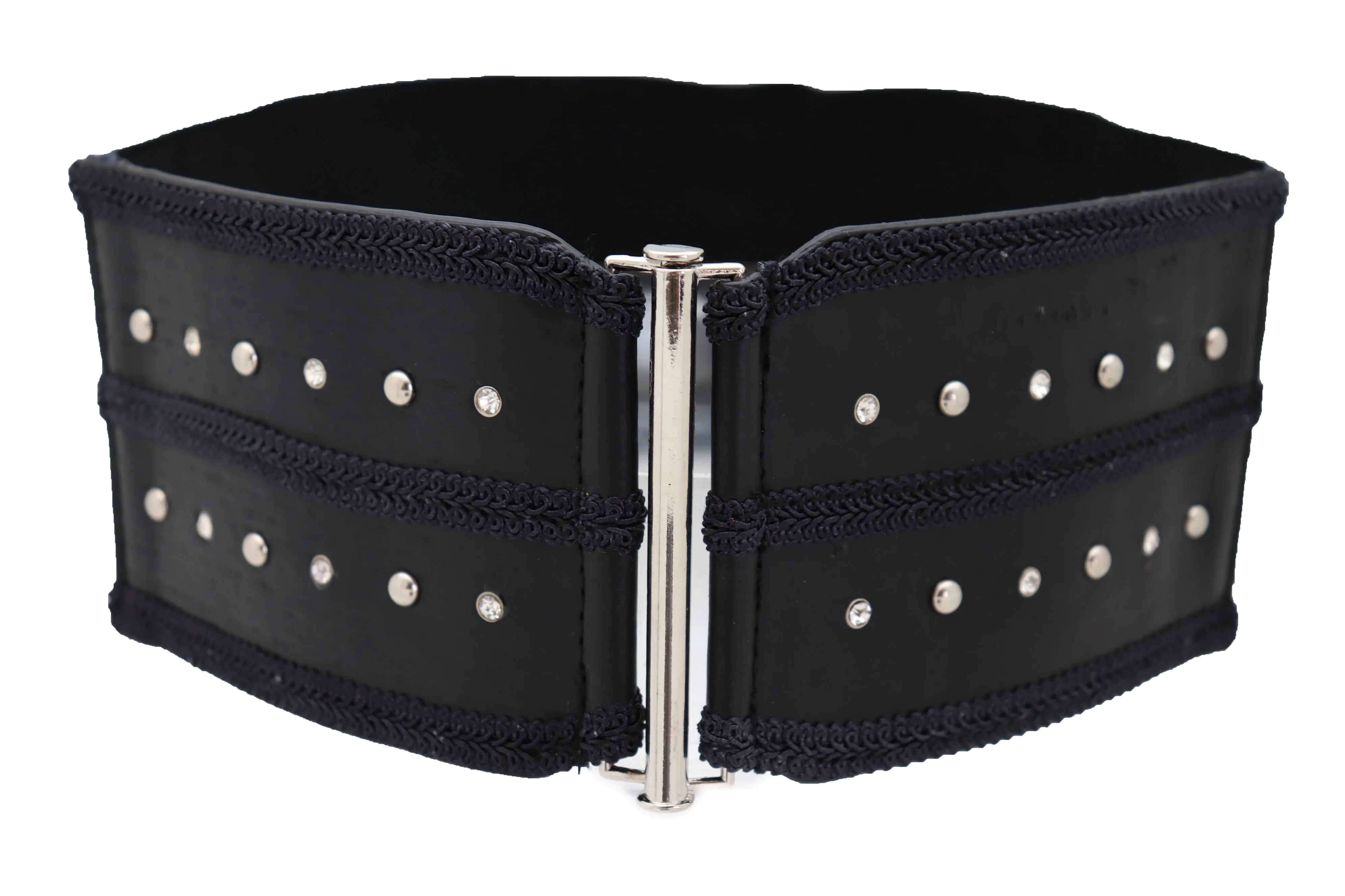 Black Faux Leather Wide Elastic Waistband Belt Bling Detail Silver Studs Buckle Fit S M