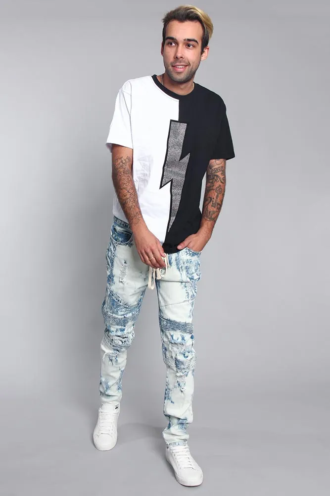 Bleached Moto Biker Denim Jeans