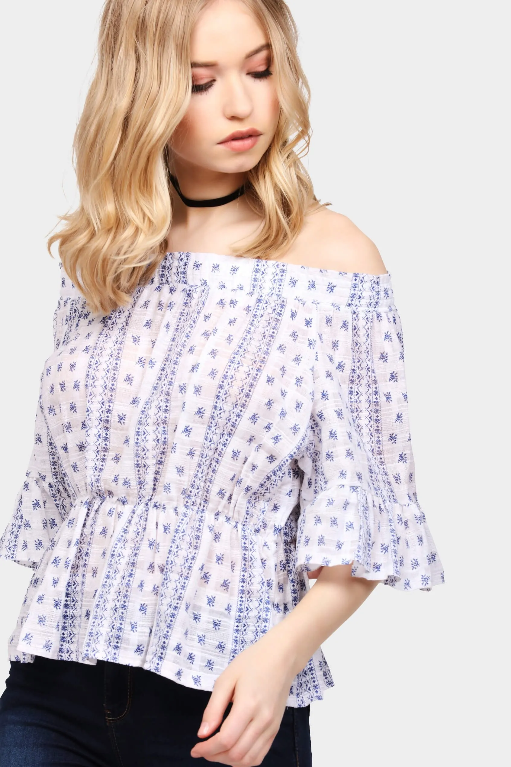 Blue Printed Off Shoulder Gypsy Top