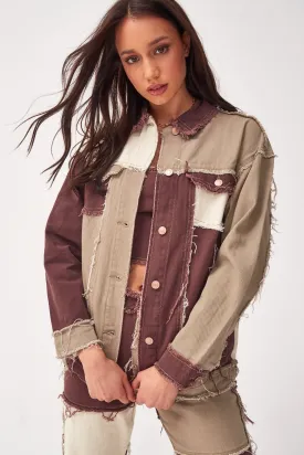 Brown Oversized Patchwork Denim Jacket