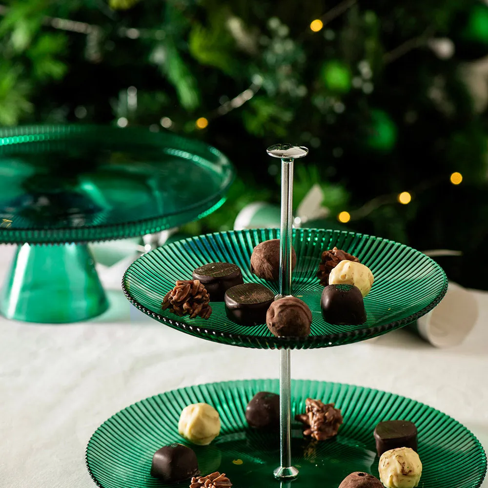 CAKE STAND 2 Tier Green with Silver Stem