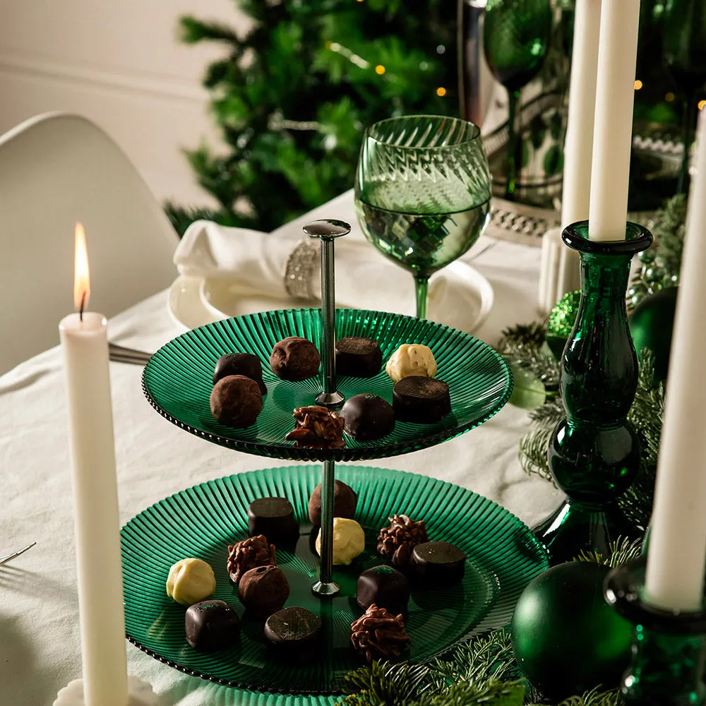 CAKE STAND 2 Tier Green with Silver Stem