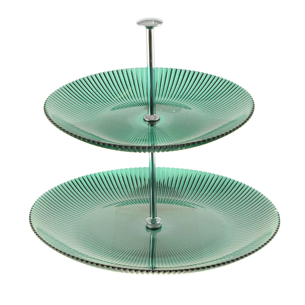 CAKE STAND 2 Tier Green with Silver Stem