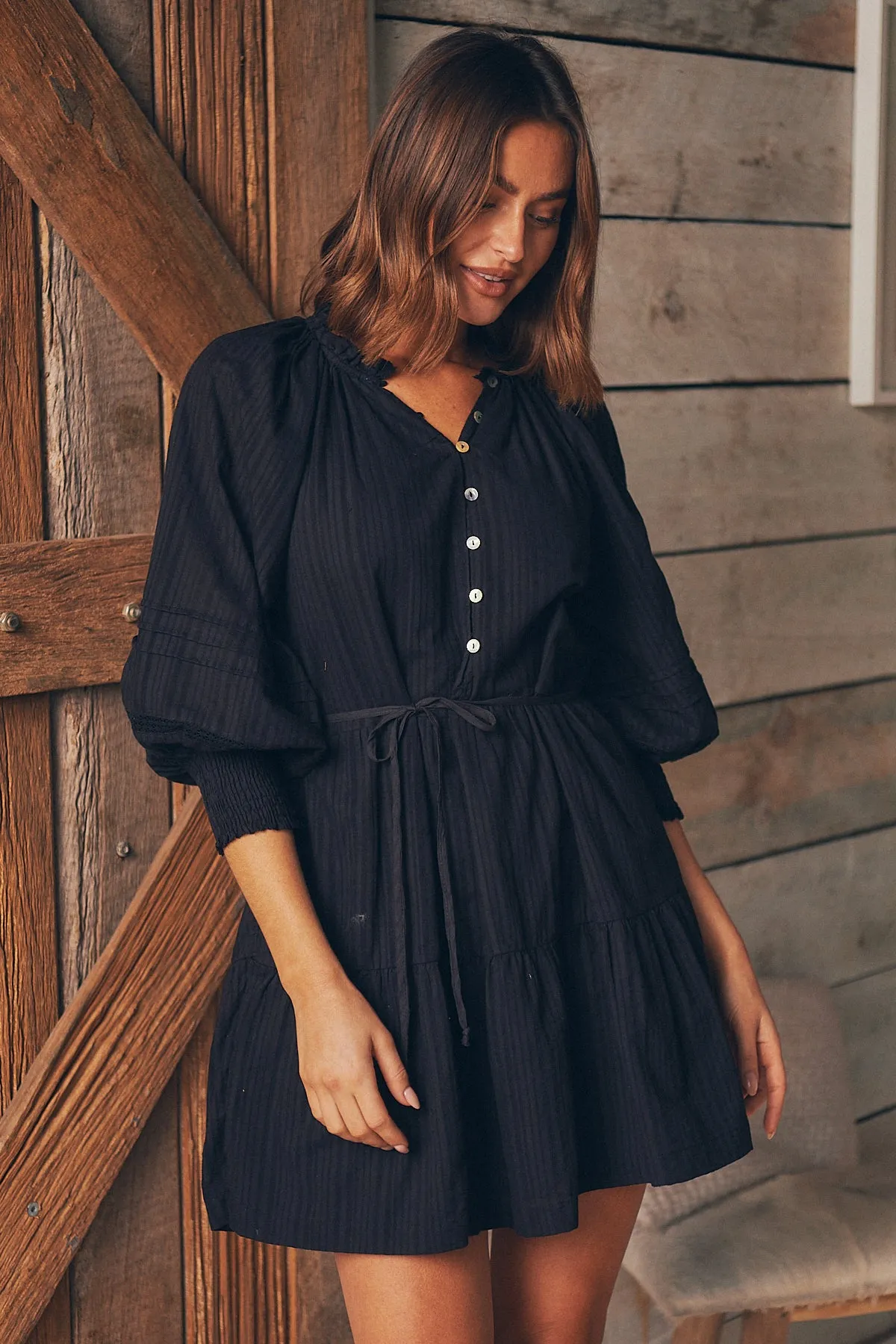 Chicago Long Sleeve Button Front Black Dress