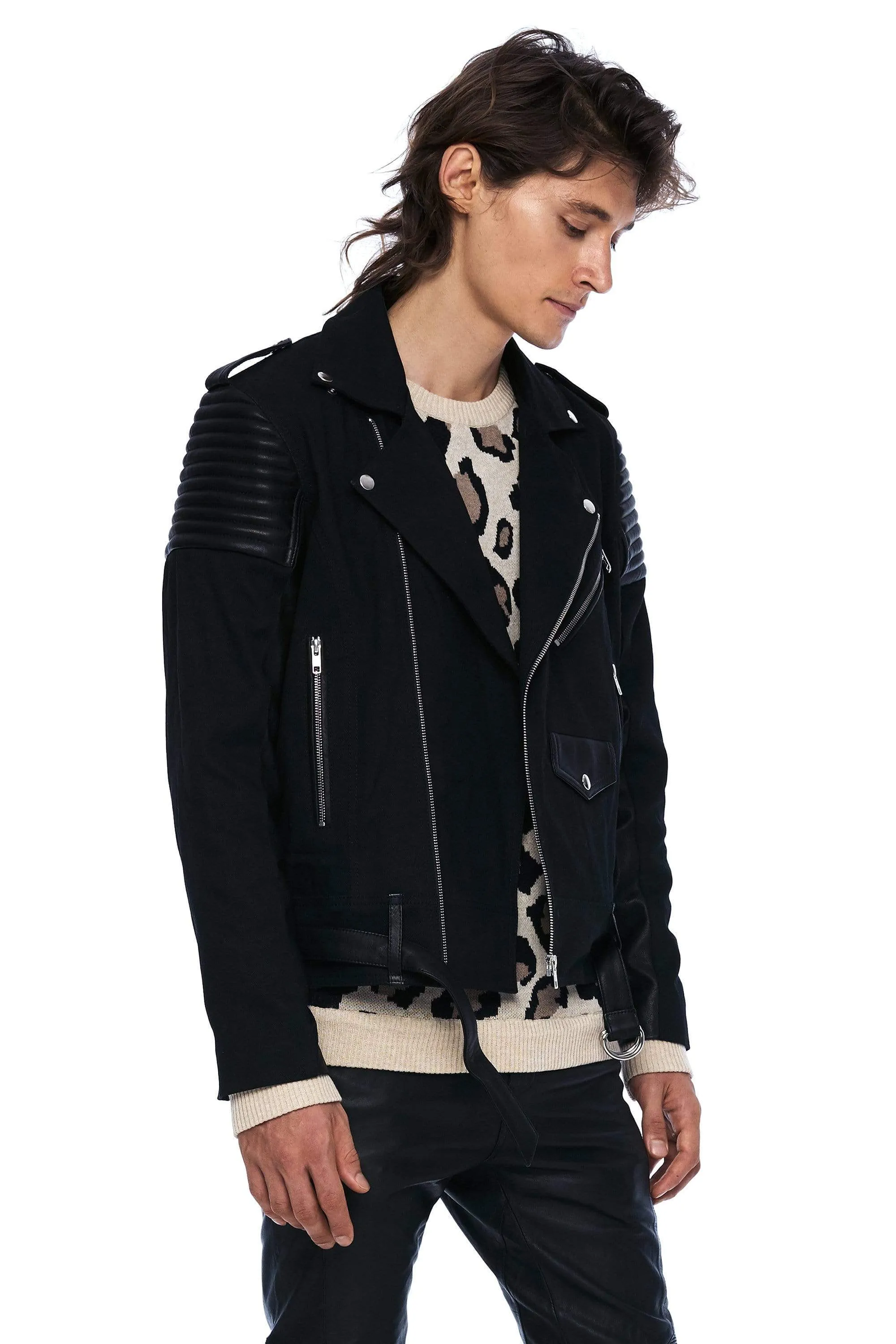 DENIM AND LEATHER BIKER JACKET IN BLACK