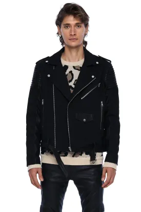 DENIM AND LEATHER BIKER JACKET IN BLACK