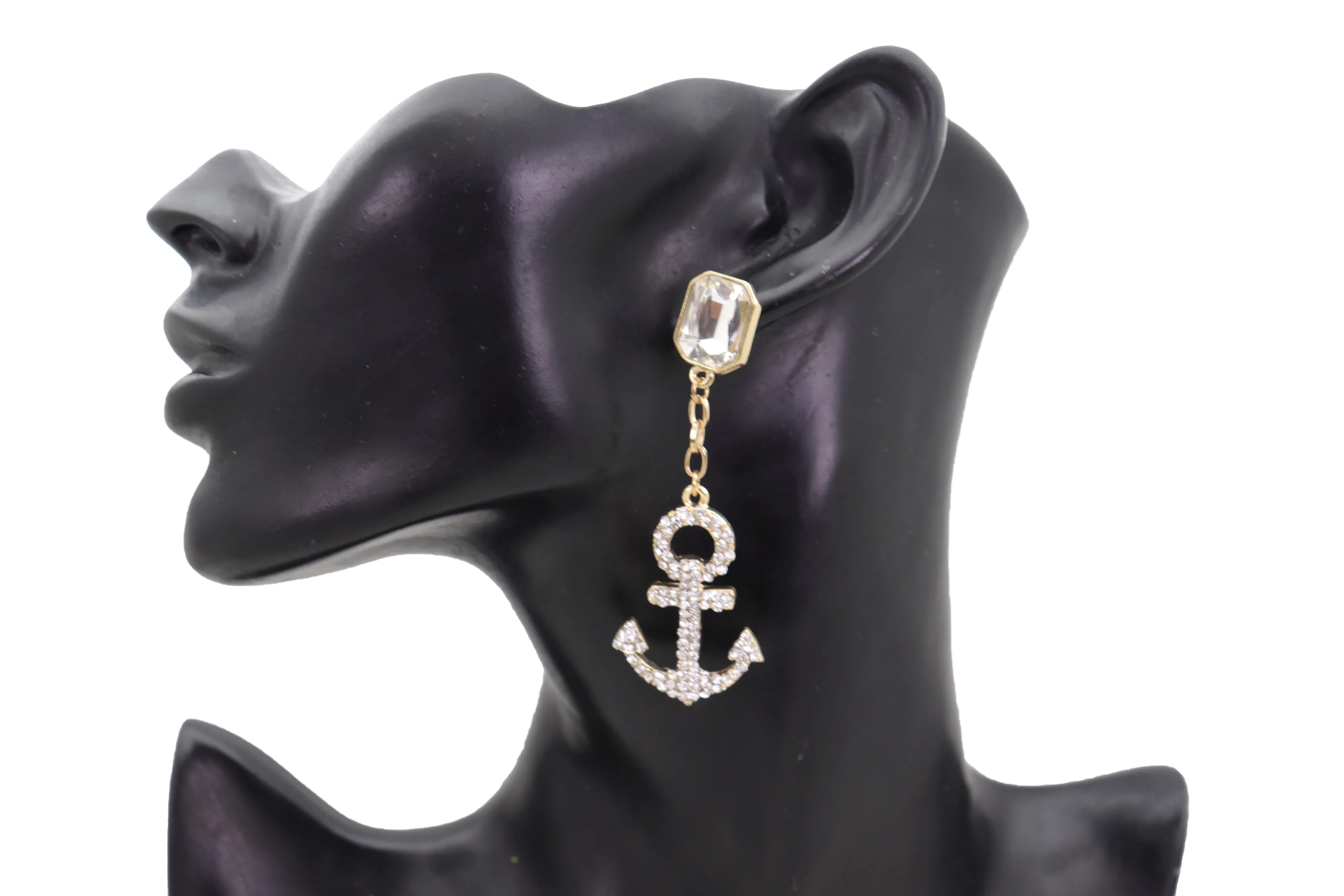 Earring Set Elegant Gold Metal Anchor Nautical Bling Charm