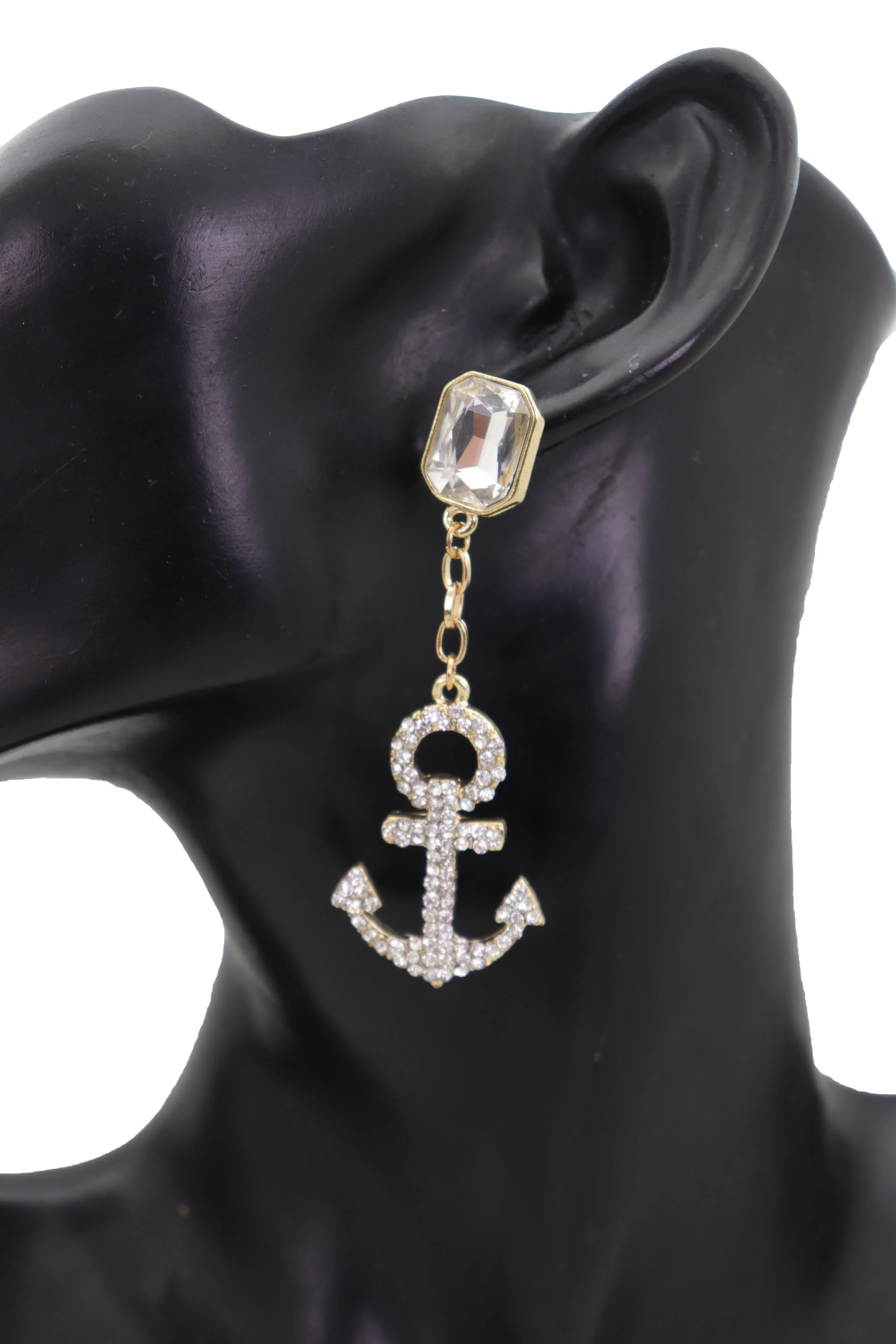 Earring Set Elegant Gold Metal Anchor Nautical Bling Charm