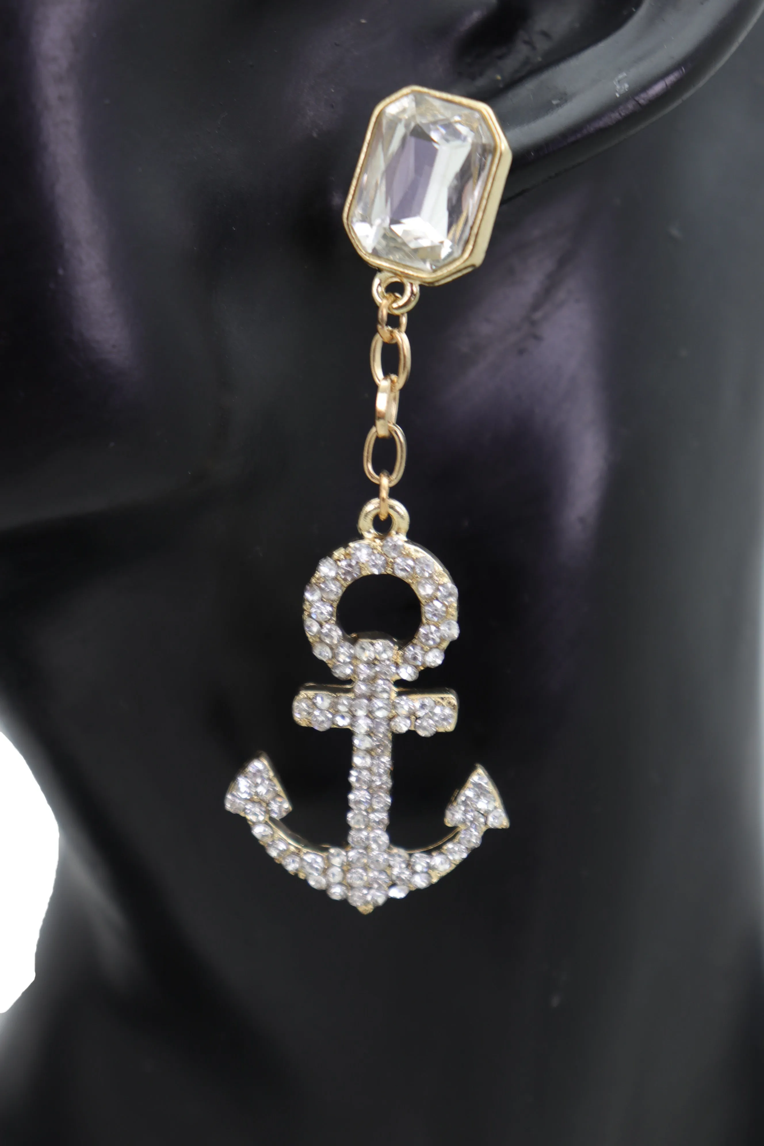 Earring Set Elegant Gold Metal Anchor Nautical Bling Charm