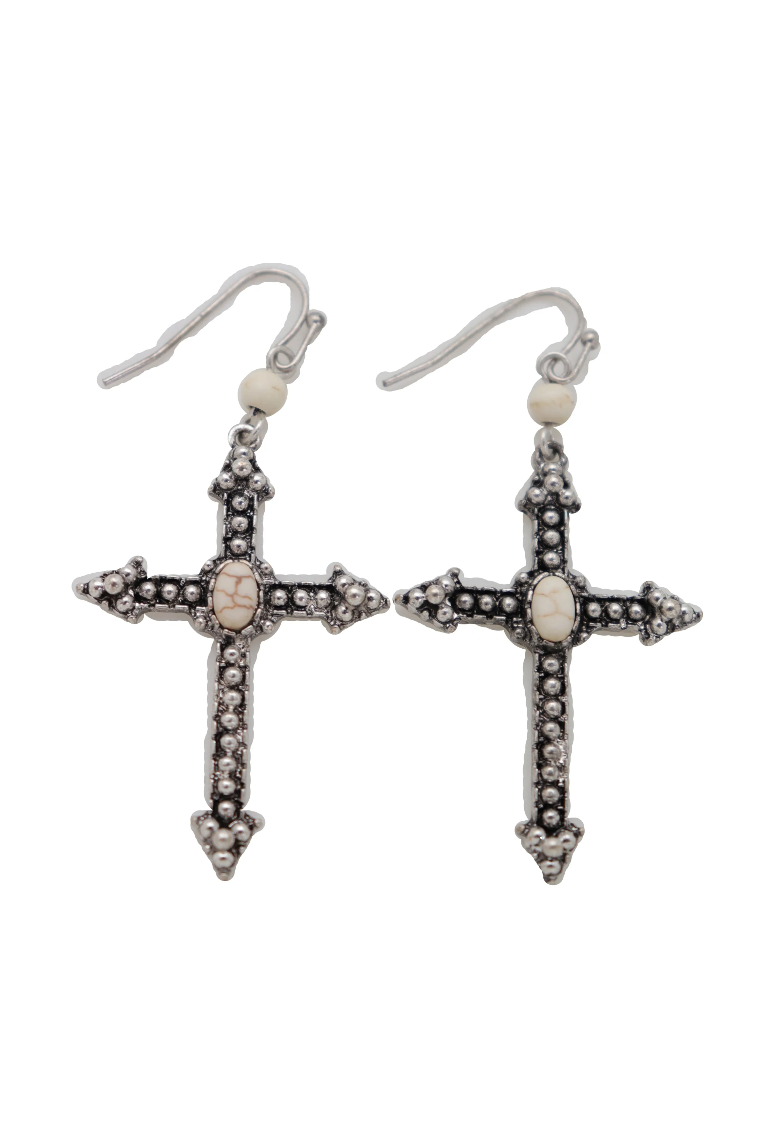 Earrings Religious Christian Pointy Cross Hook White Beads