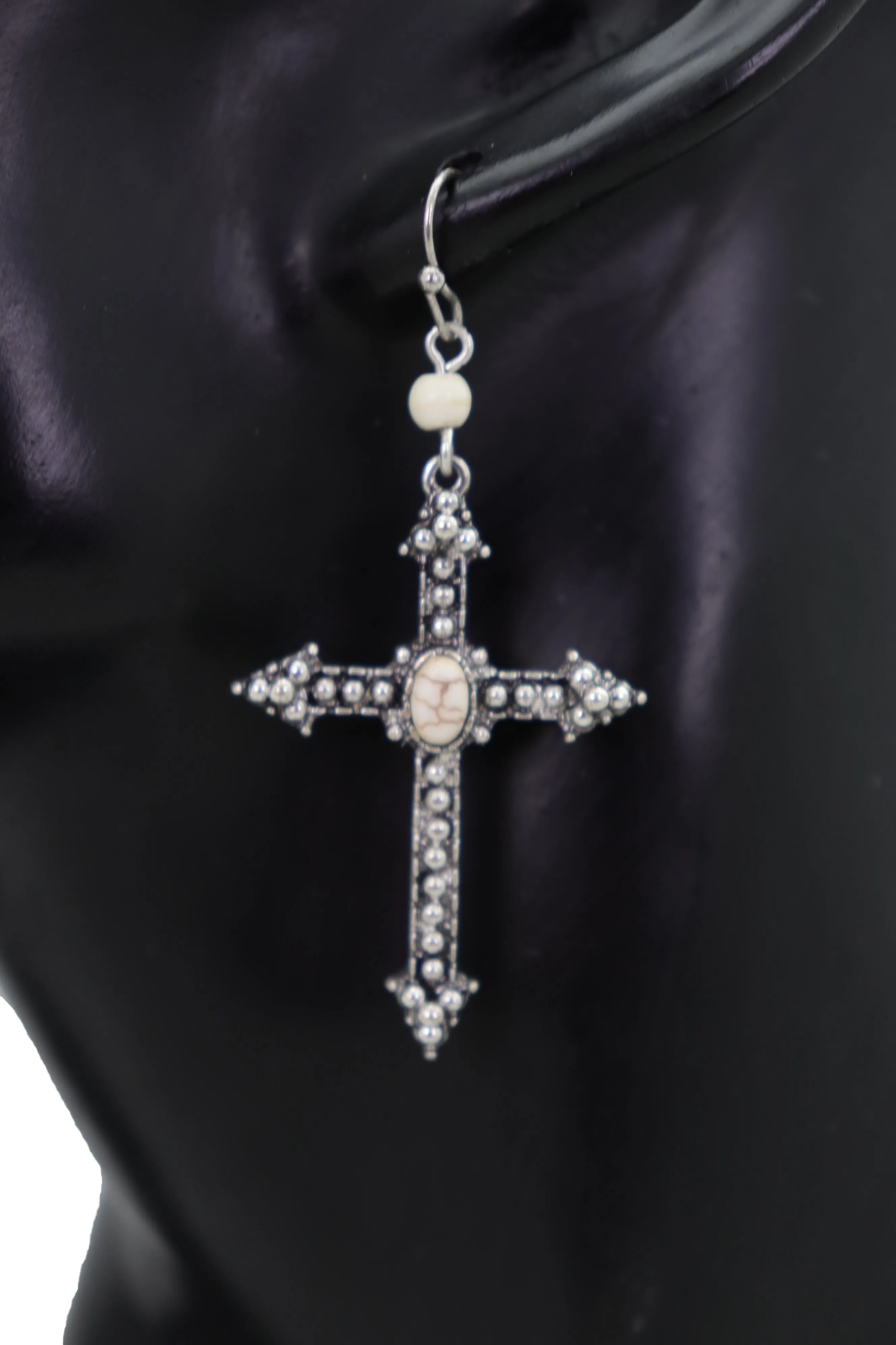 Earrings Religious Christian Pointy Cross Hook White Beads