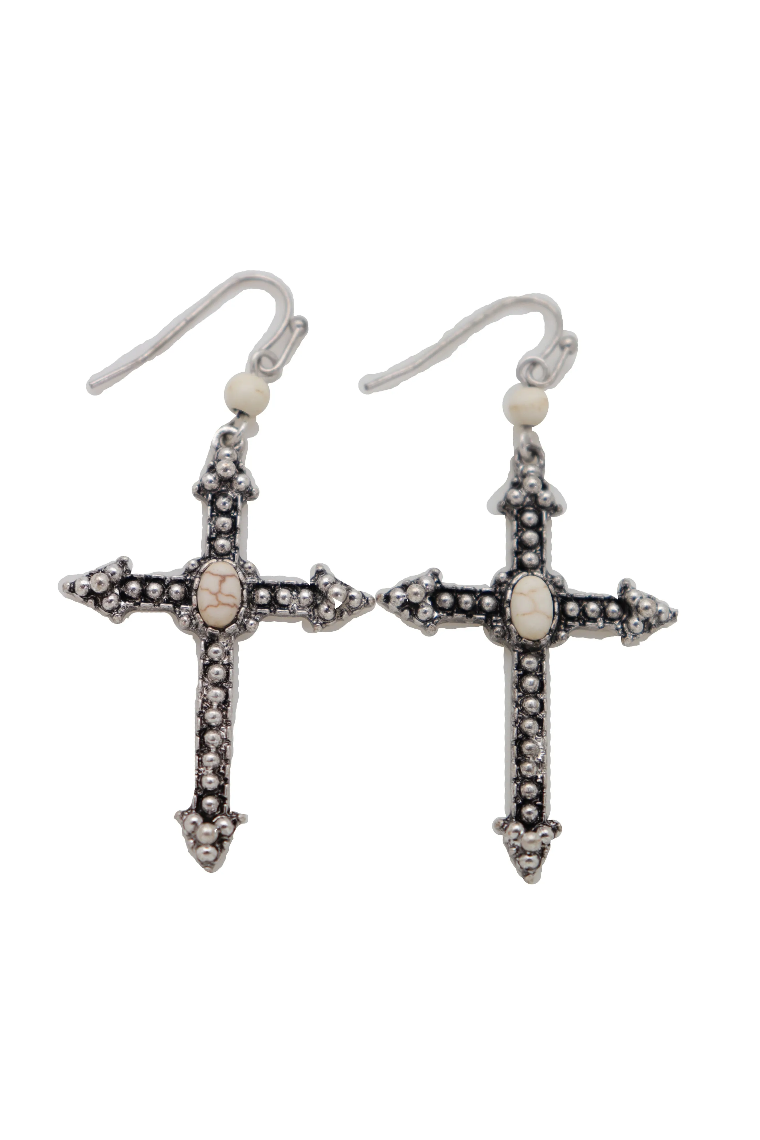 Earrings Religious Christian Pointy Cross Hook White Beads