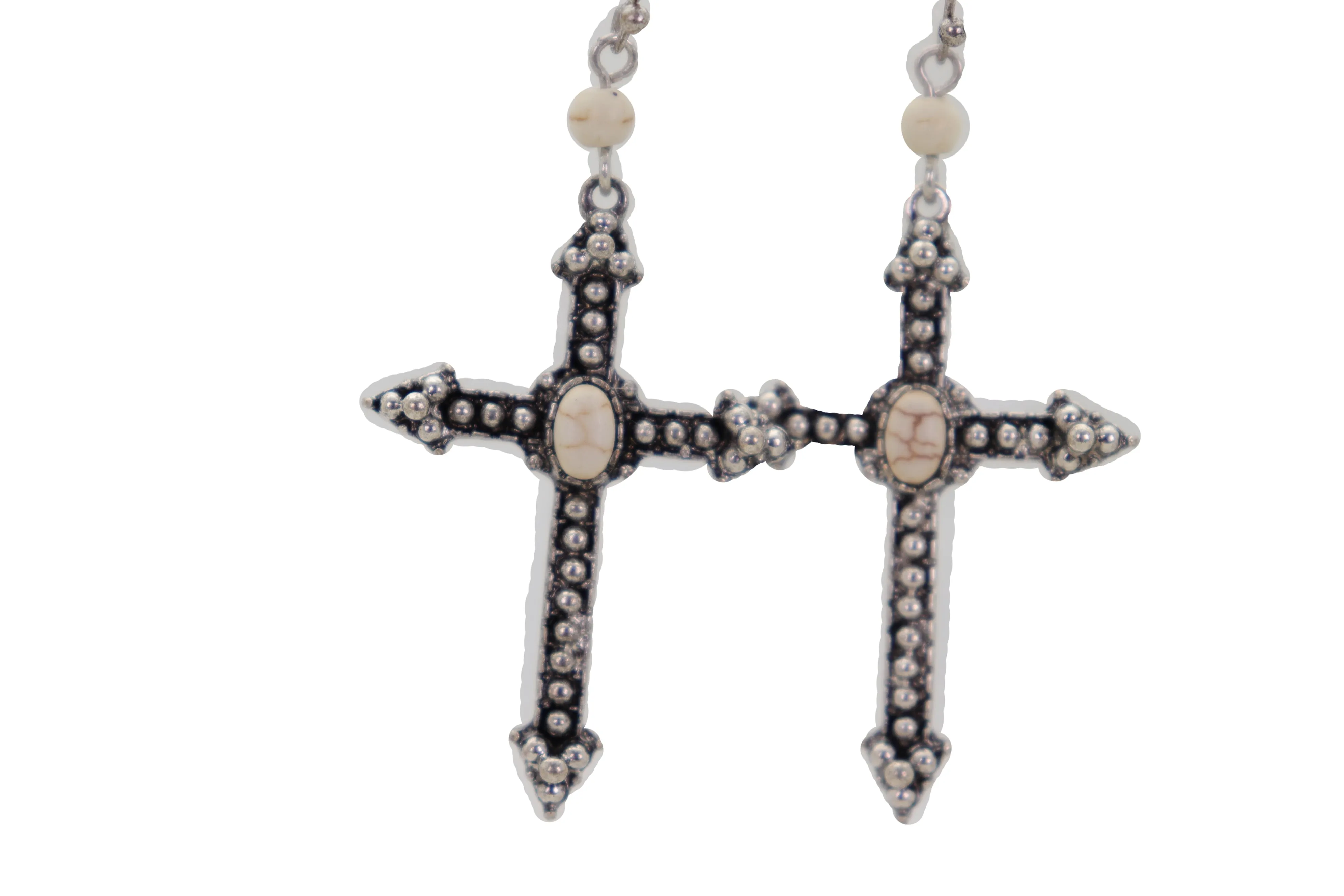 Earrings Religious Christian Pointy Cross Hook White Beads