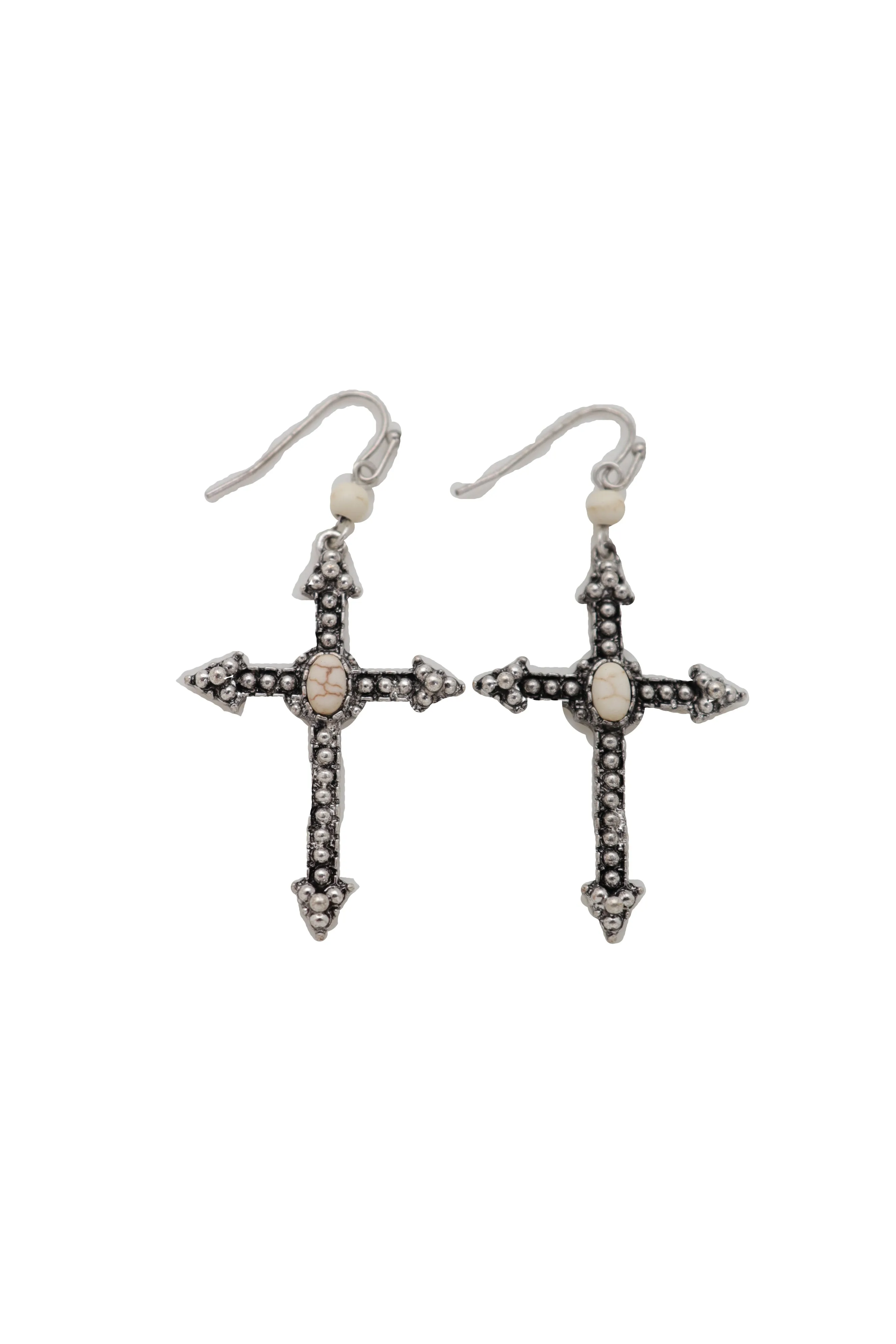 Earrings Religious Christian Pointy Cross Hook White Beads