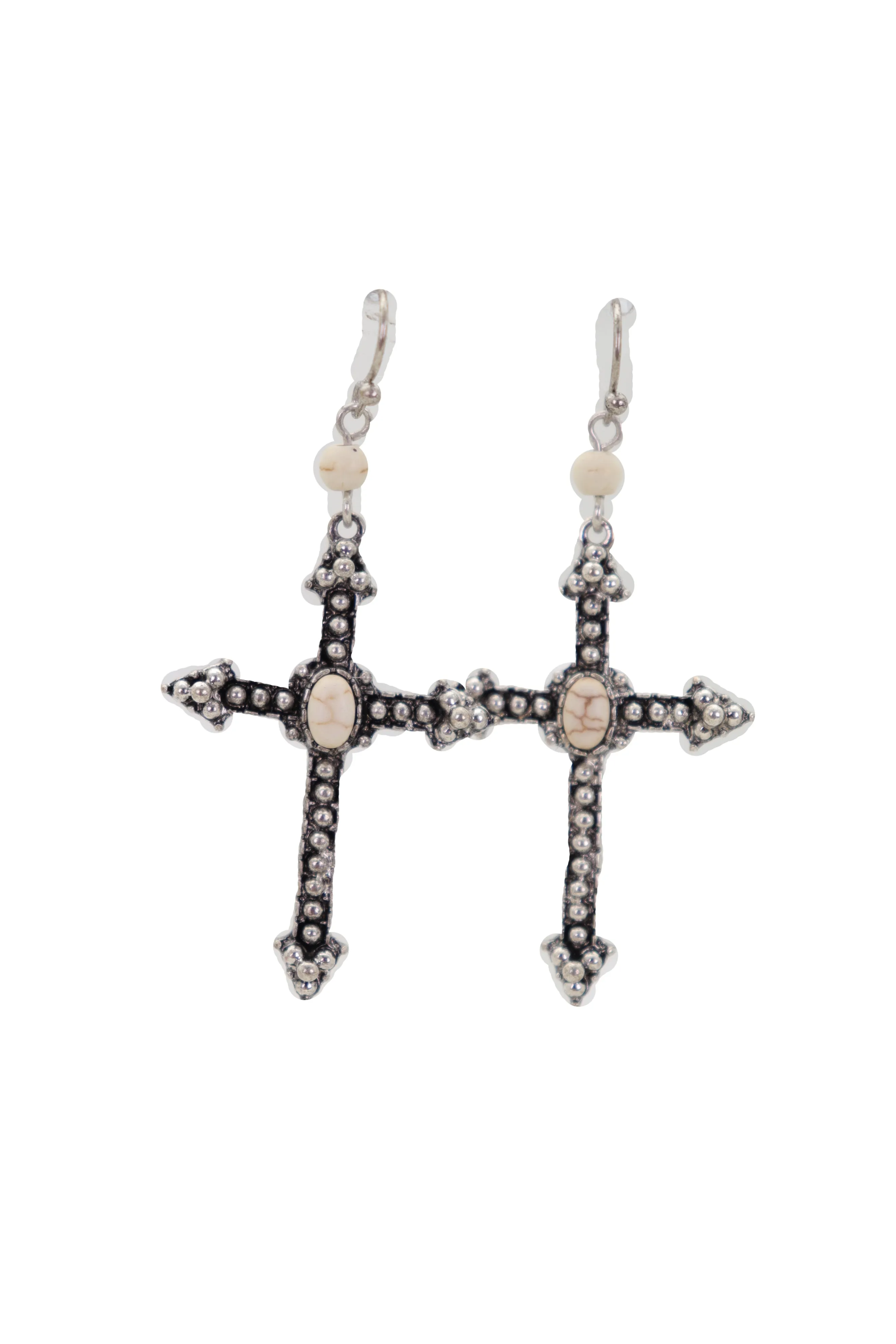 Earrings Religious Christian Pointy Cross Hook White Beads