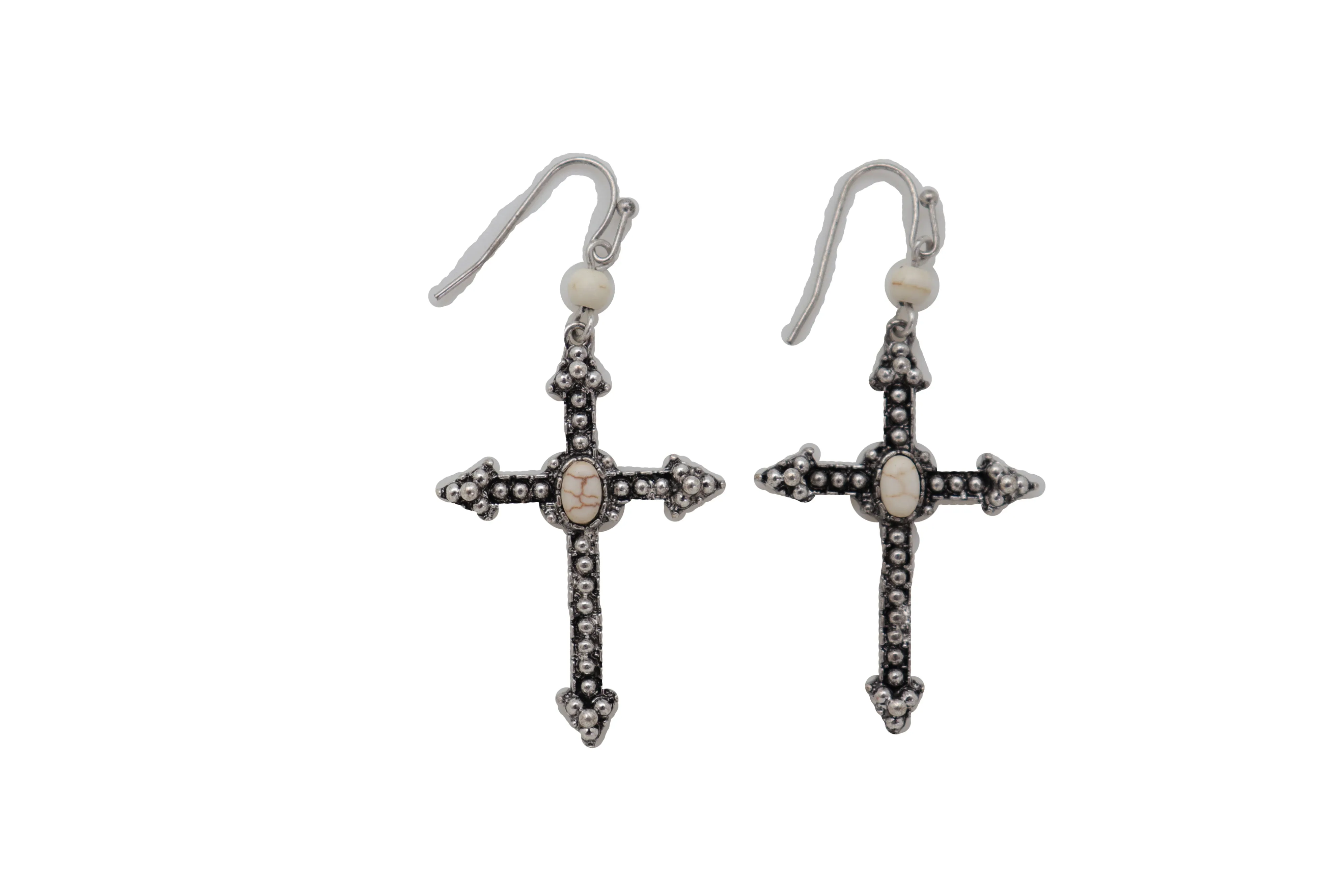 Earrings Religious Christian Pointy Cross Hook White Beads