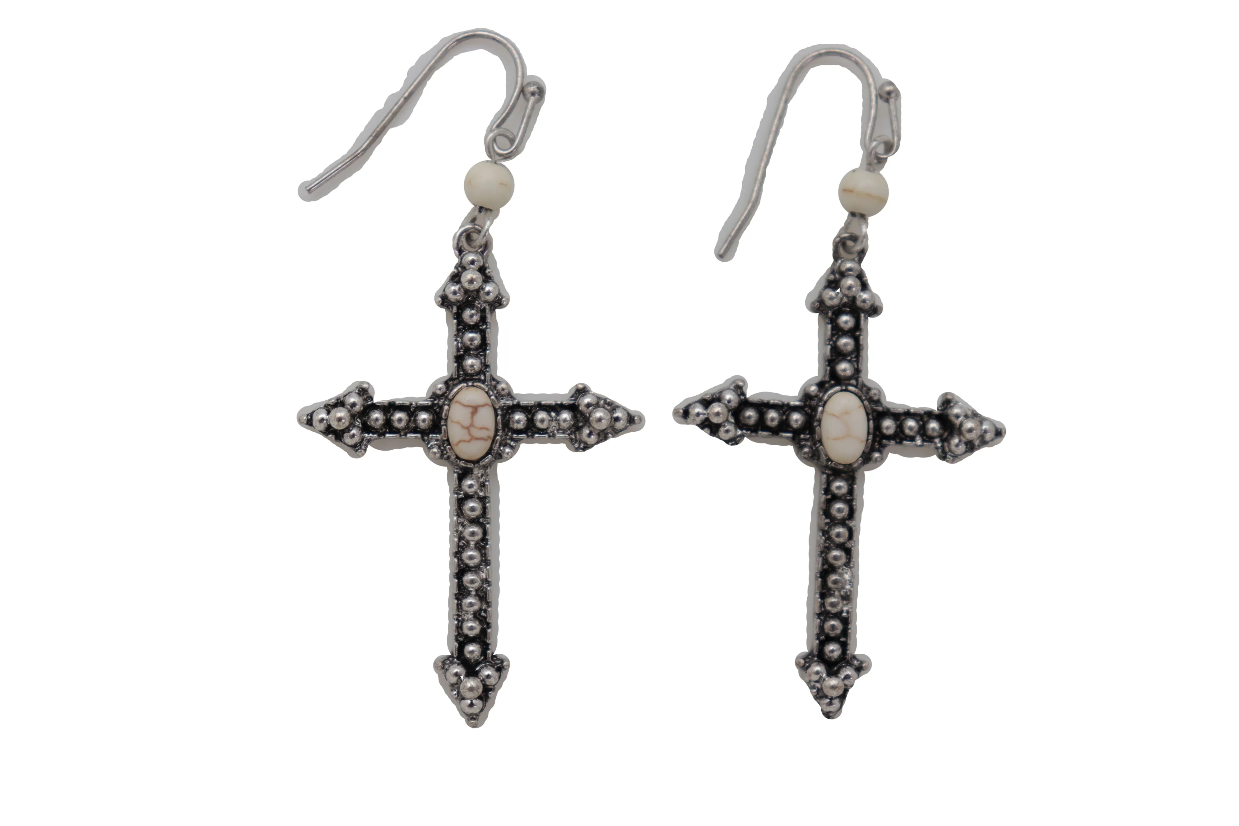 Earrings Religious Christian Pointy Cross Hook White Beads