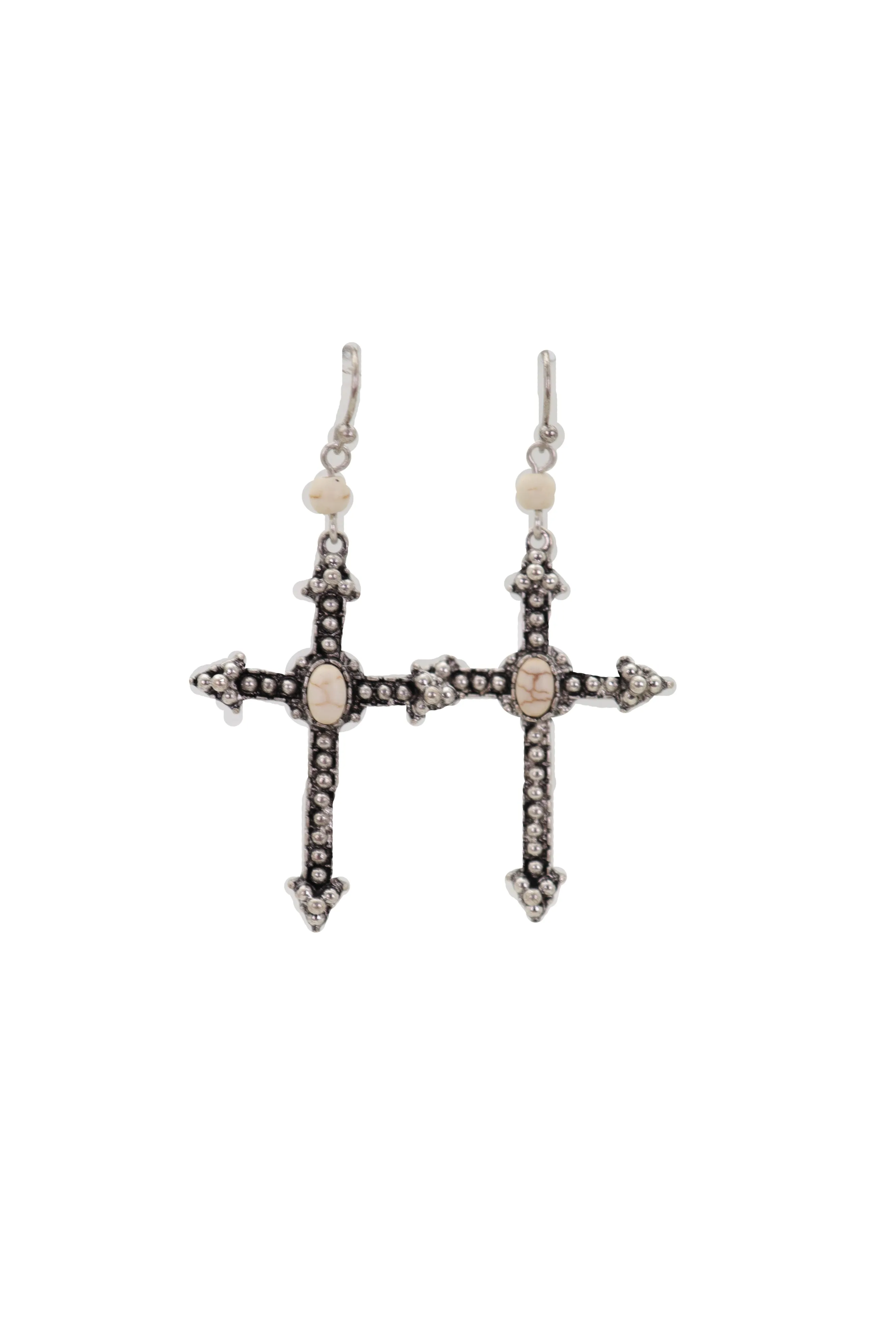 Earrings Religious Christian Pointy Cross Hook White Beads