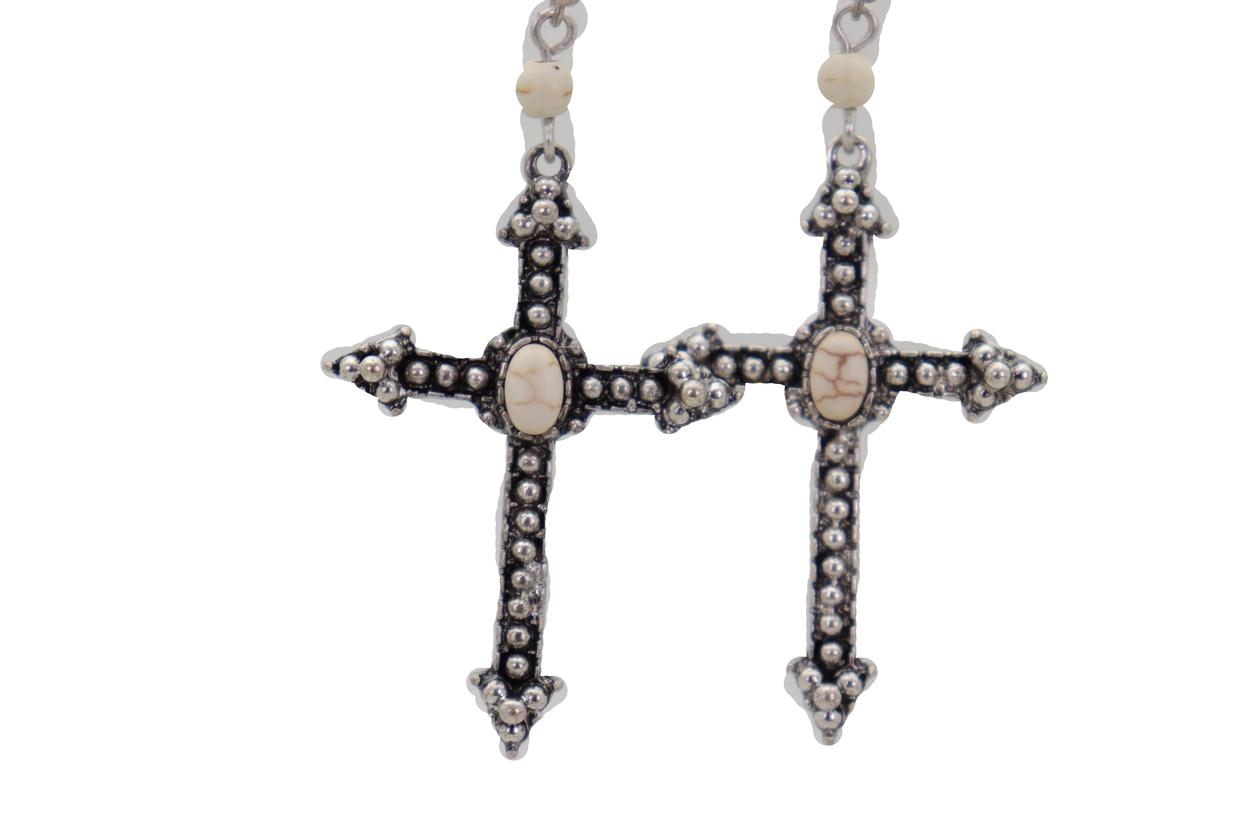 Earrings Religious Christian Pointy Cross Hook White Beads