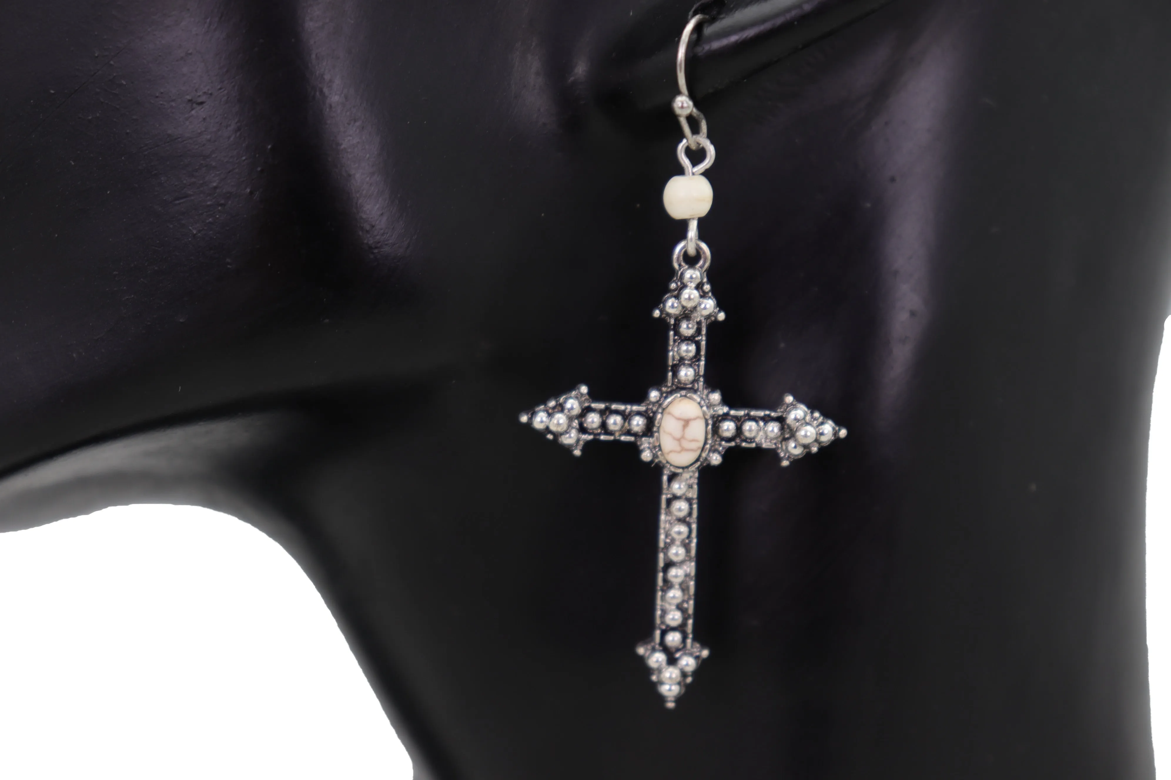 Earrings Religious Christian Pointy Cross Hook White Beads