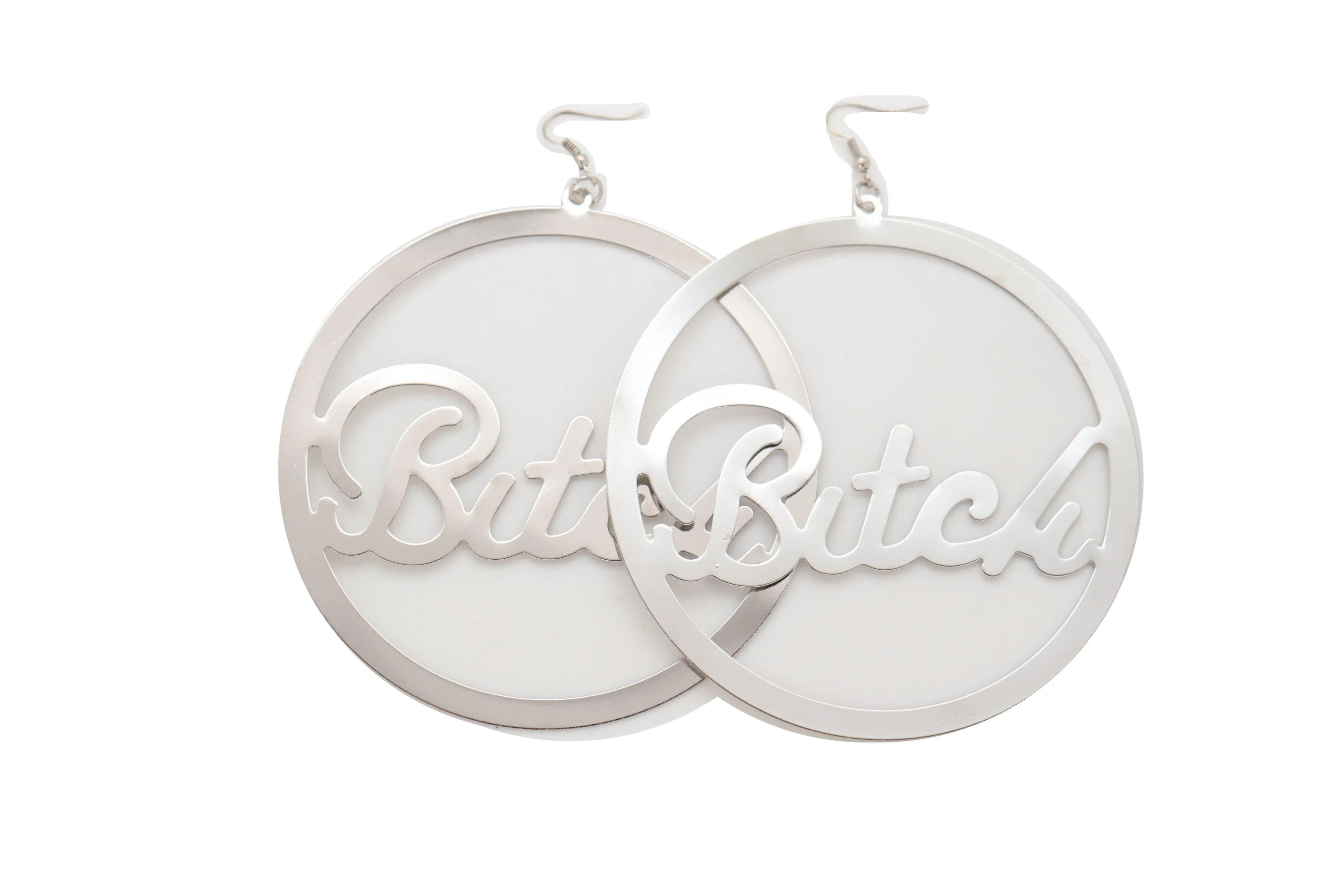 Earrings Set Celebrity Big Hoop Silver Metal BITCH Hip Hop