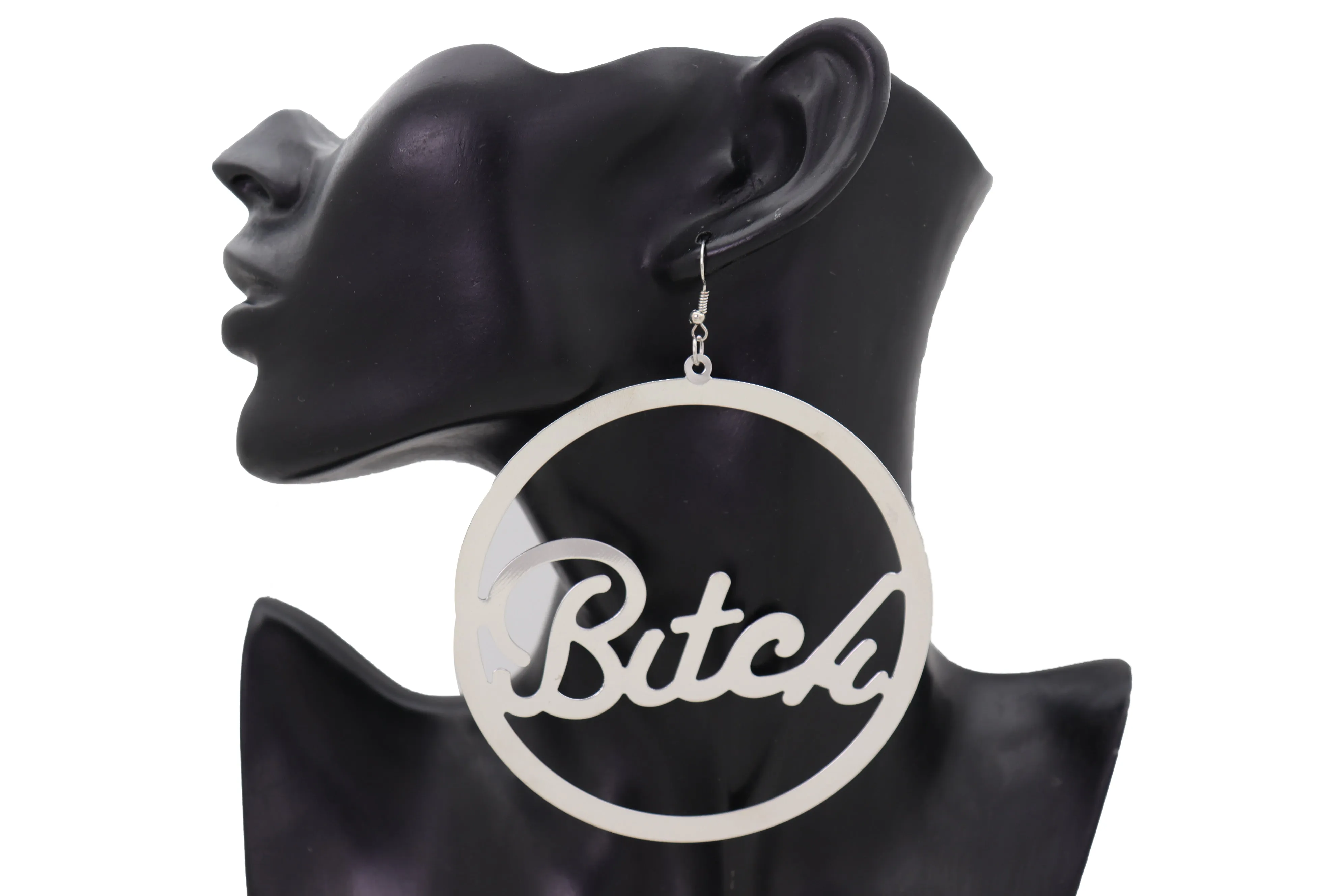 Earrings Set Celebrity Big Hoop Silver Metal BITCH Hip Hop