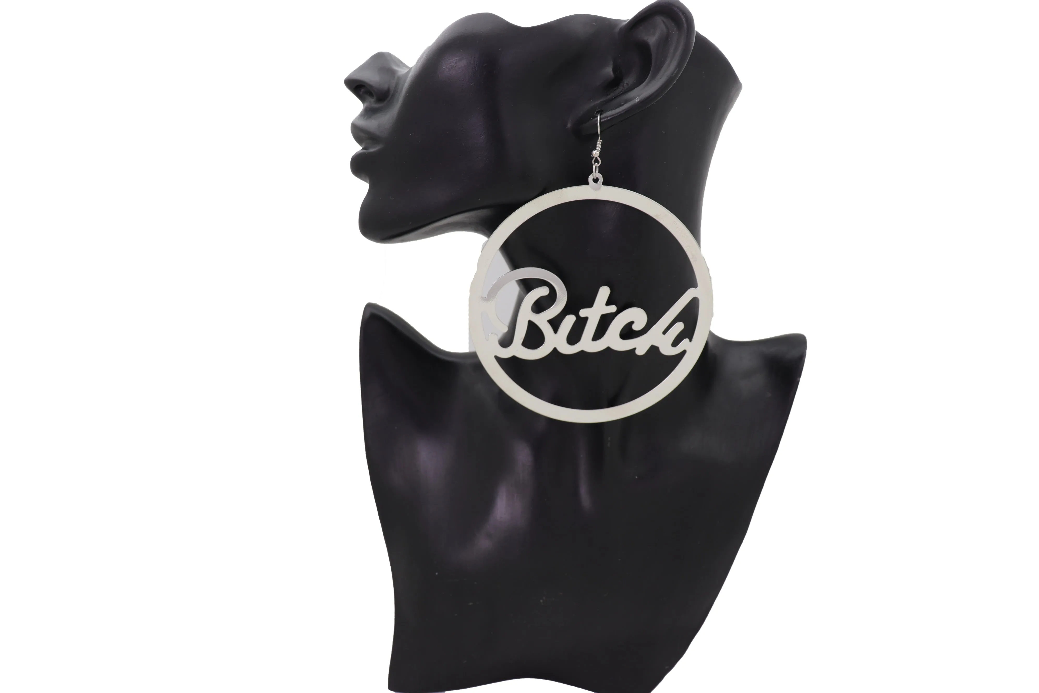 Earrings Set Celebrity Big Hoop Silver Metal BITCH Hip Hop