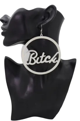 Earrings Set Celebrity Big Hoop Silver Metal BITCH Hip Hop