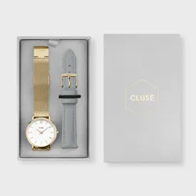 Gift Box Minuit Watch Mesh & Grey Leather Strap, Gold Colour